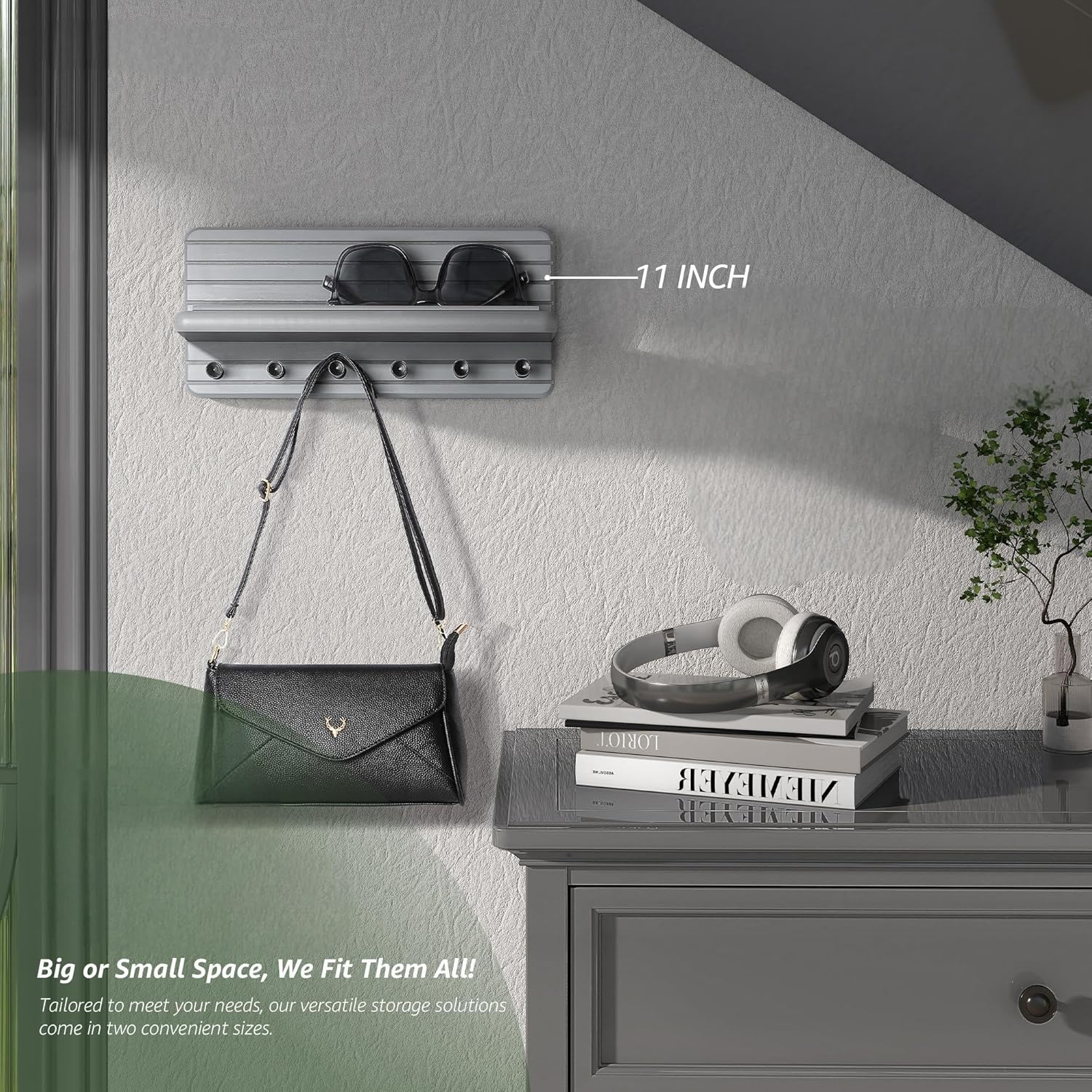 QYINXIU Key and Mail Holder for Wall, Mail Organizer with 6 Hooks and Storage Drawer, Wall Mount Key Rack (Grey) - Grey image number 5