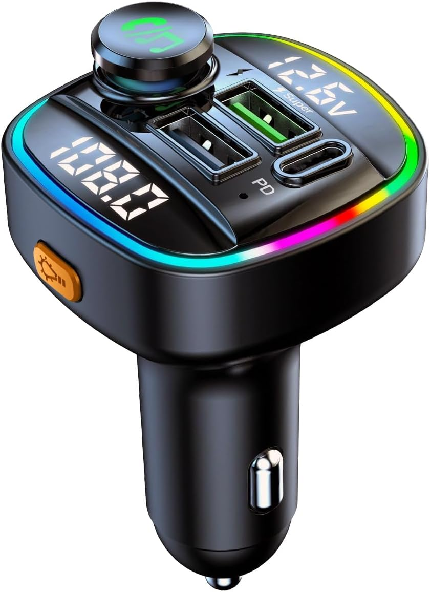 QUMOX Bluetooth 5.0 FM Transmitter for Car, C22 Adapter with 30W PD Fast Charging, Voltage Display, Big Knob Control, USB/TF Music Playback, Voice Assistant, Hands-Free Calls image number 1