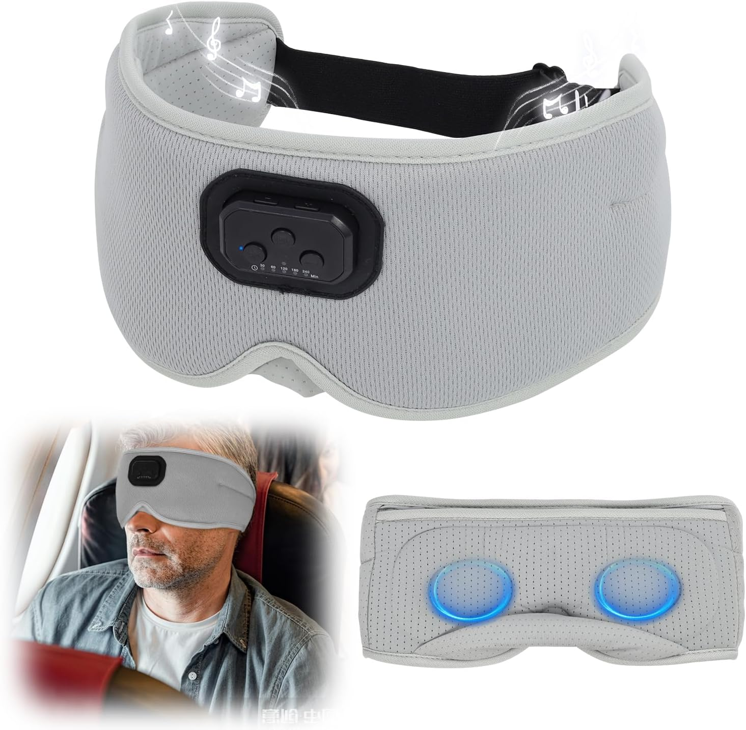 AURTEC 360&deg; Blackout Sleep Eye Mask with Wireless Bluetooth 5.2 Headphones, Comfortable and Adjustable 3D Design, White Noise for Insomniacs, Long Battery Use for Travel/Nap/Camping/Night Sleep Grey image number 3