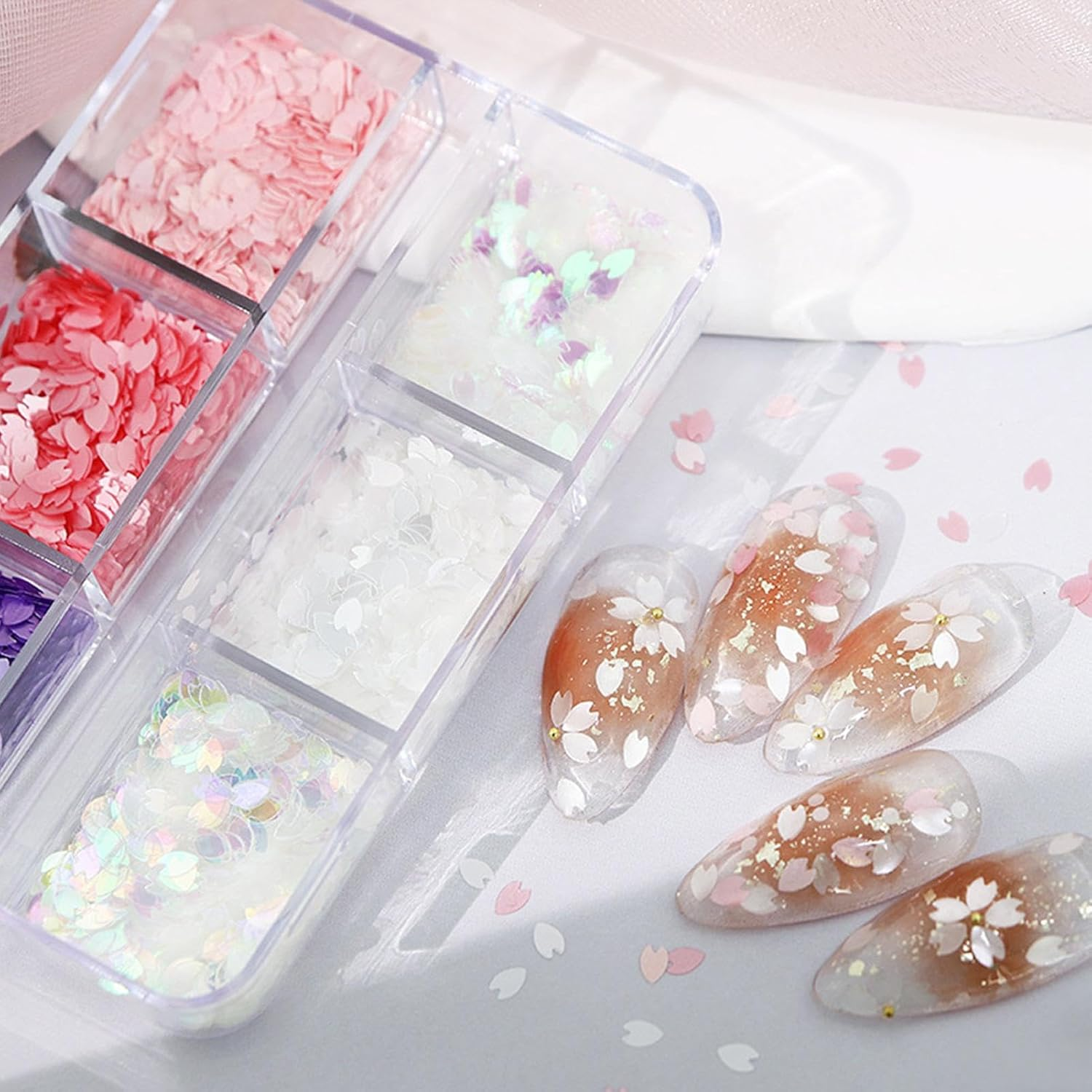 Flowers Nail Glitter | 6-Colors Cherry Blossoms Petals Sequins - Petals Glitter Flakes Set for Women Girls Summer Nail Decoration image number 5