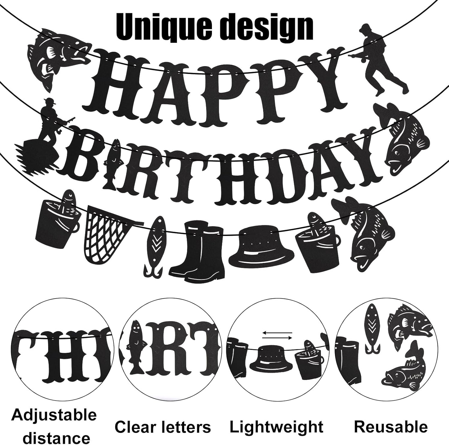 Fishing Birthday Banner, Happy Birthday Fishing Fish Fishing Net Boot Element Banner for Hanging on Fishing Line Decoration for Fish Birthday Party Birthday image number 4