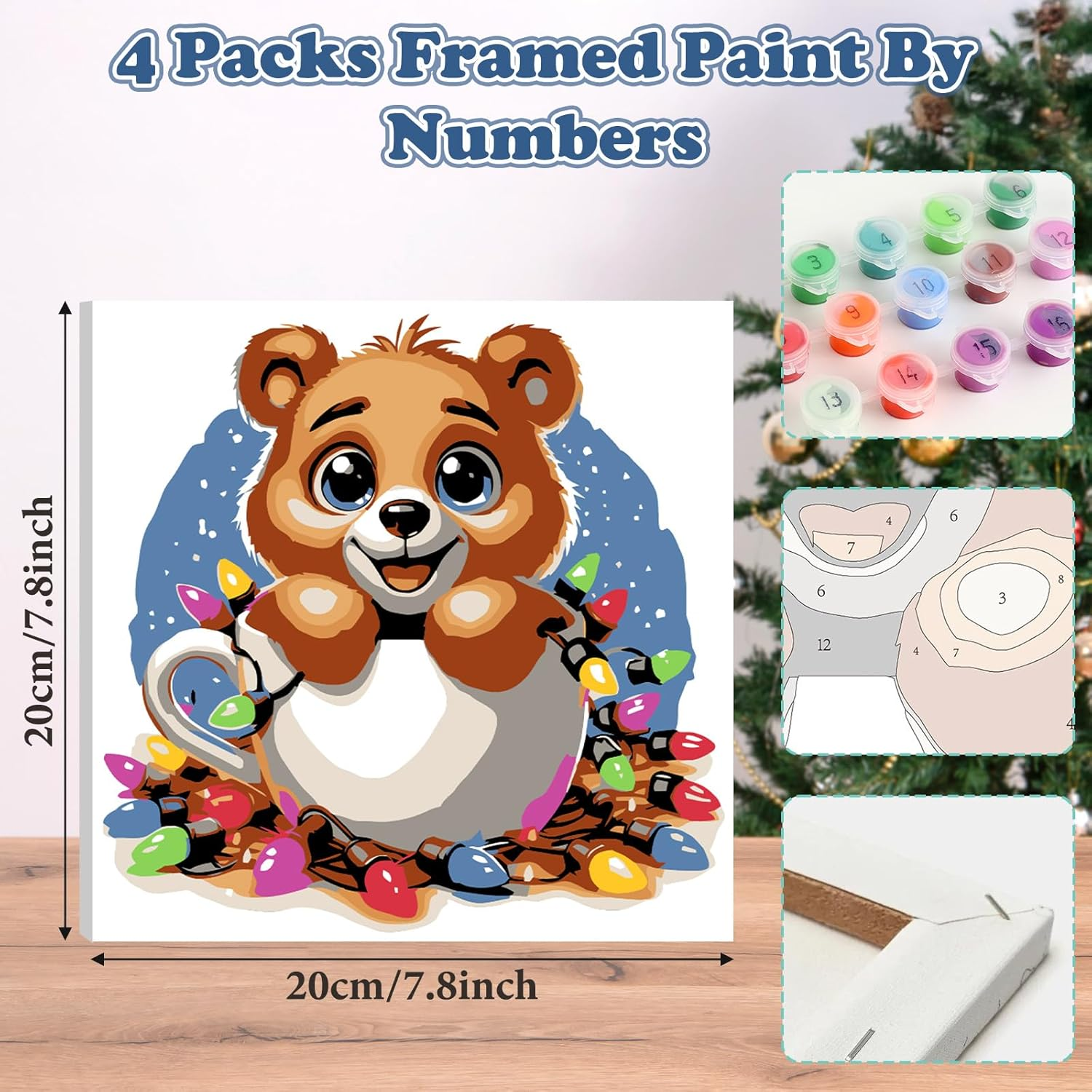 HEIBAGO Christmas Framed Paint by Numbers for Audlts, 4 Pack Animal Paint by Numbers Canvas, Audlt DIY Owl Oil Paint by Numbers Kits, Elk Painting Art Craft for Home Wall Decor 20X20Cm