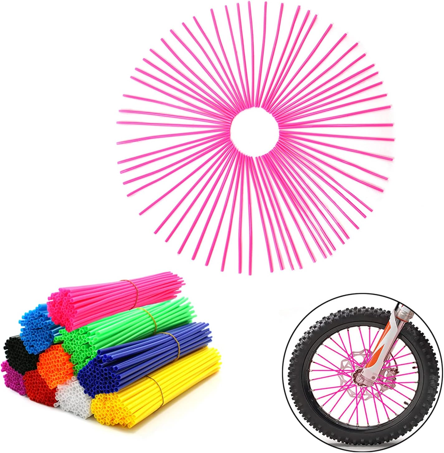 72Pcs Universal Spoke Skins Covers，Wheel Spoke Wraps Skins Pipe Trim Decoration Protector for Motorcycle Dirt Bike Yamaha Honda BMW Suzuki Kawasaki Pink - Black image number 5