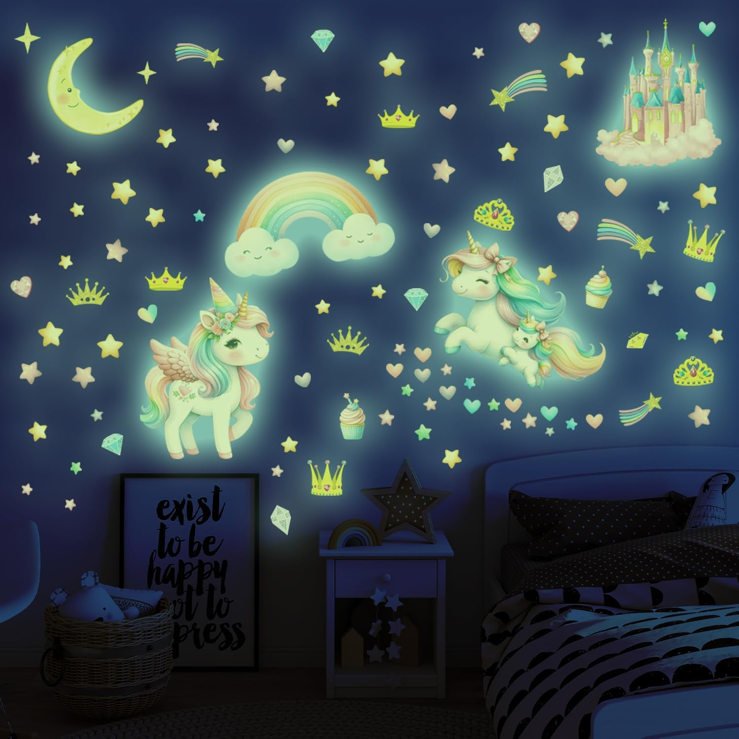 DECOWALL GDS4-8089 Glow in the Dark Unicorn Wall Stickers Decals Kids Stars Glowing Castle Moon Rainbow image number 3
