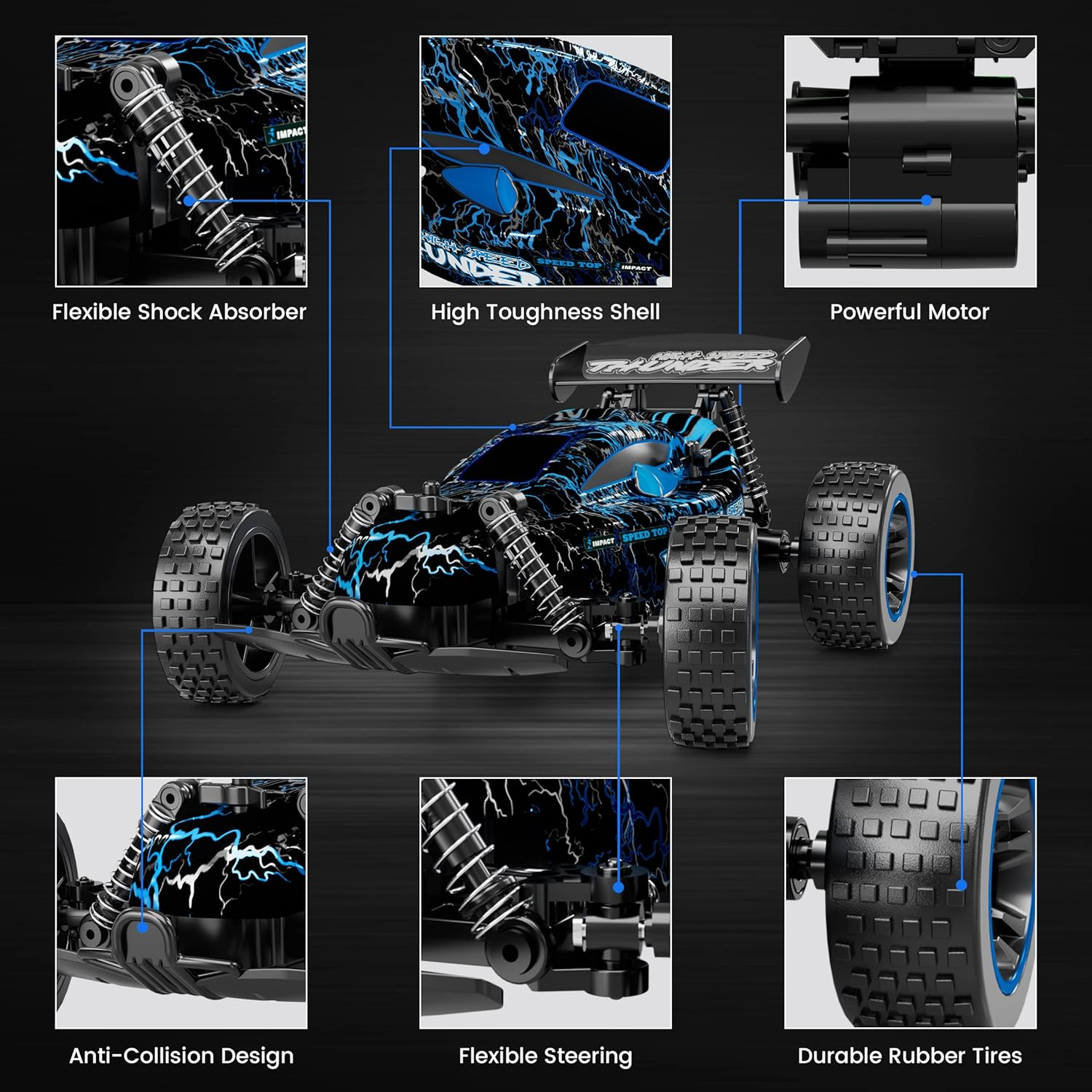 Tecnock RC Cars Remote Control Car for Kids, 1:18 Scale 20 KM/H 2WD Offroad Buggy, 2.4Ghz RC Racing Car with USB-C Easy Charging & 50 Mins Playtime（Blue） - White image number 4