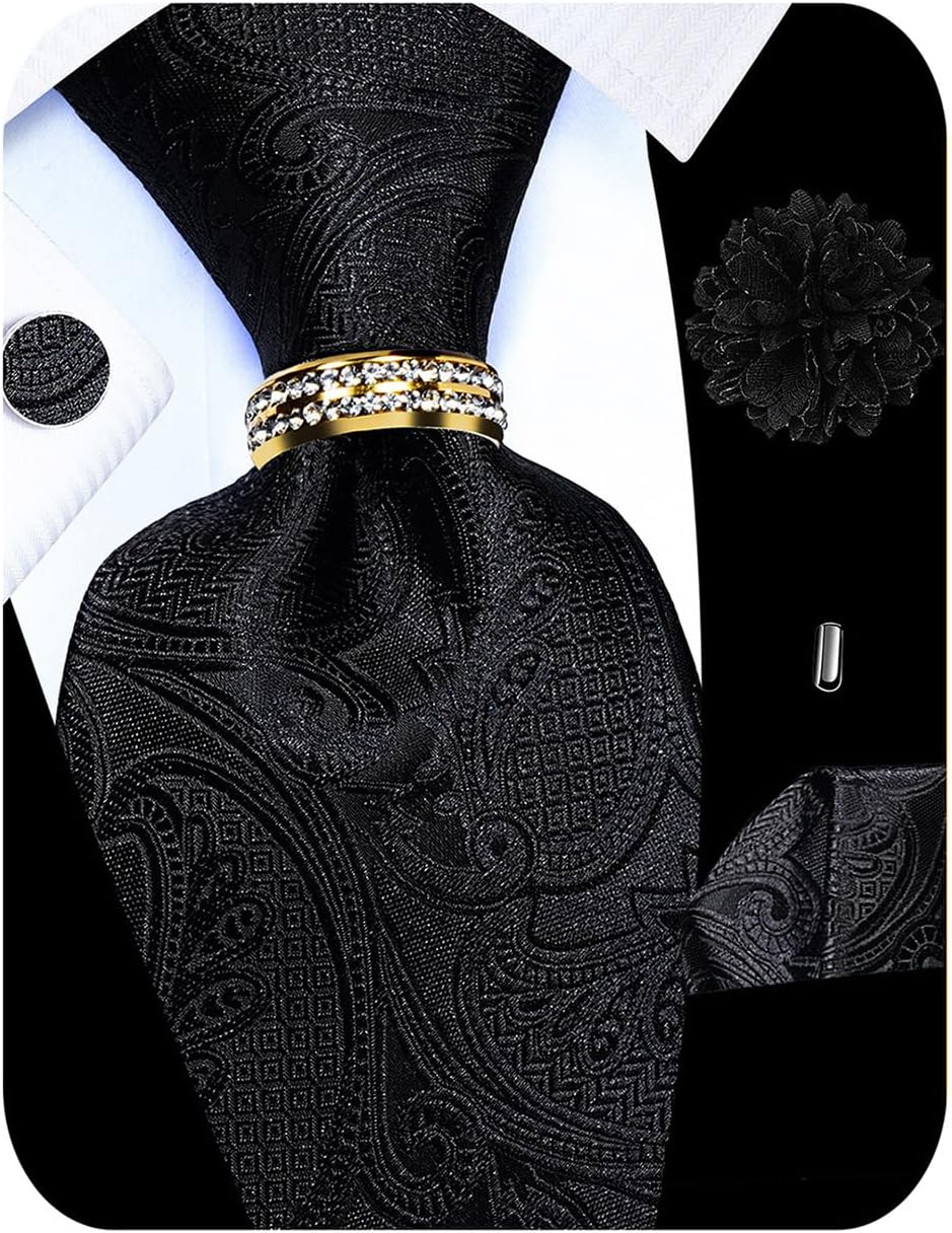5PCS Paisley Tie and Pocket Square for Men, Silk Tie Handkerchief Cufflinks with Drilled Tie Ring and Lapel Pin Set