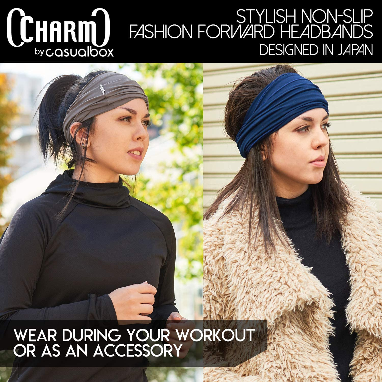 CHARM Mens Bandana Head Wrap - Womens Elastic Headband Japanese Long Hair Dreads - Black  Dark Gray 2-Pack image number 3