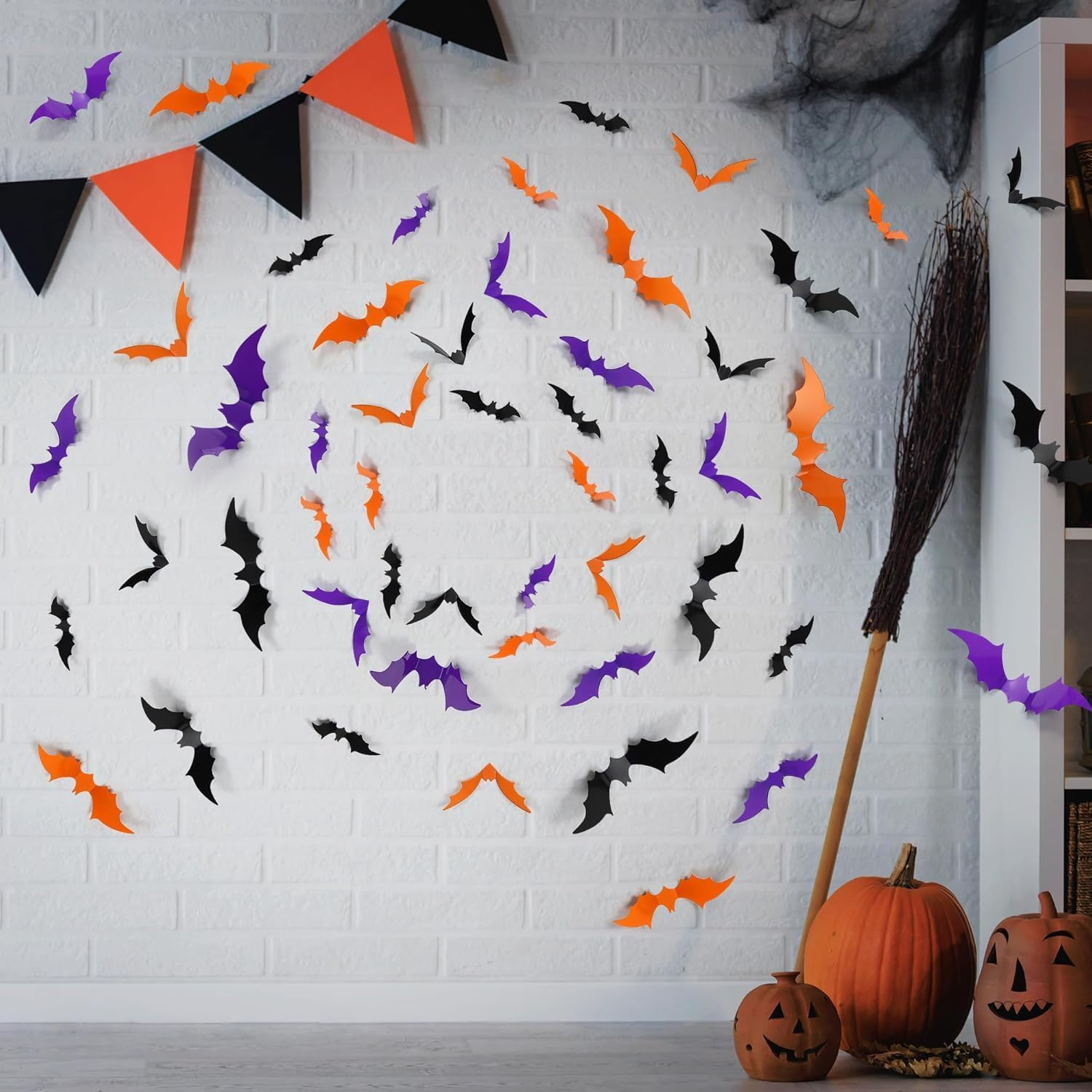 72 Pcs 3D Halloween Bats Wall Decor,Orange Purple Black Bat Decor,Scary Plastic Bat Wall Stickers for Home Windows Indoor Outdoor Porch Kitchen Bathroom Decor