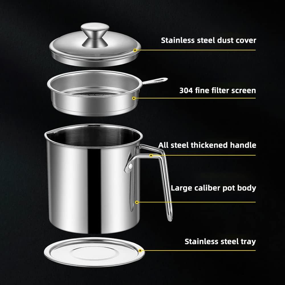 Kimilx Grease Container Oil Pot with Fine Mesh Strainer 1.3L Oil Storage Pot Bacon Grease Strainer 304 Stainless Steel Can for Frying Oil Storage image number 3