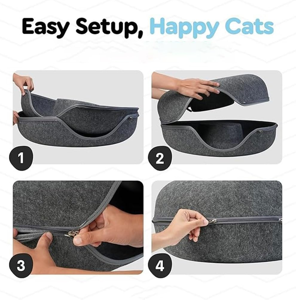 Felt Cat Bed, Zipper Design Cats Tunnel Beds, Semi Enclosed Detachable Cat Beds, Seasons Universal Cats Bed Donut Tunnel Cating for Kittens, Puppies and Small Dogs (Medium/50 * 50 * 20 CM) image number 1