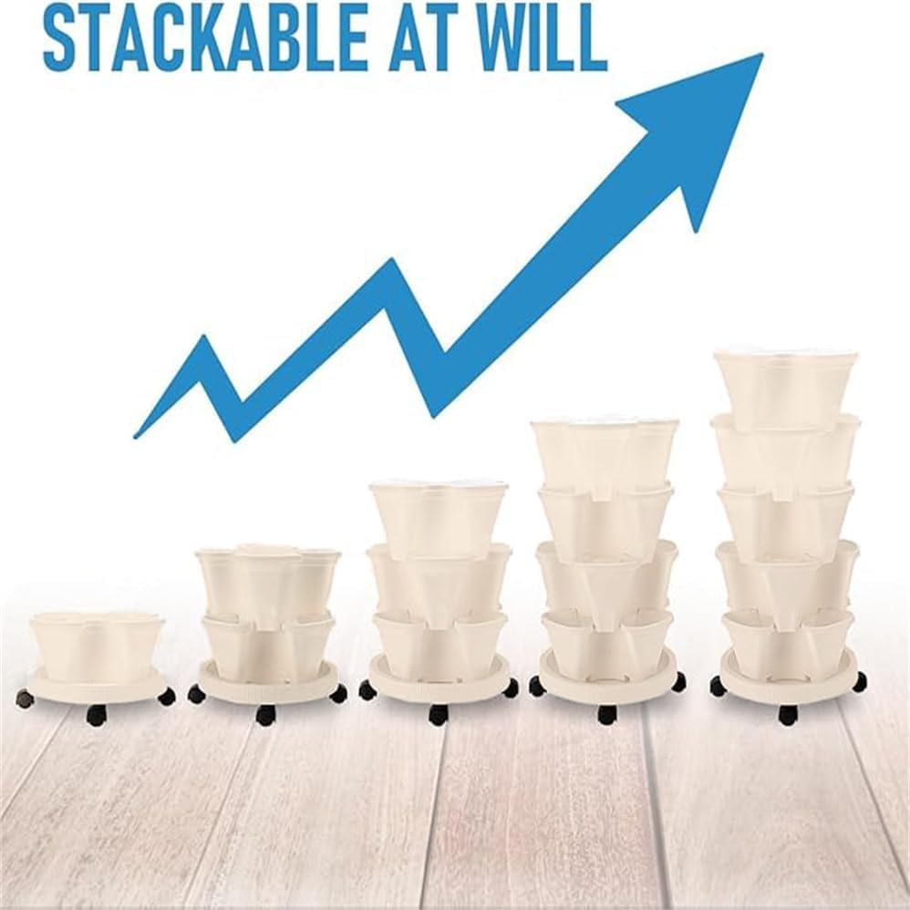 6-Story Vertical Planting Creative Flowerpot, Stackable Garden Plastic Flowerpot, Wheeled Vertical Strawberry Flowerpots, Indoor and Outdoor Tower Garden Flowerpots (Beige)