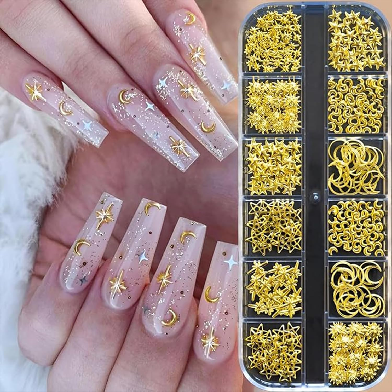 Yeanifeana 2 Boxes Nail Charms, Gold Silver Star Moon Sun Nail Jewelry Decorations, Nail Art Rhinestones for Women Girls DIY Manicure Crafting Decoration image number 4