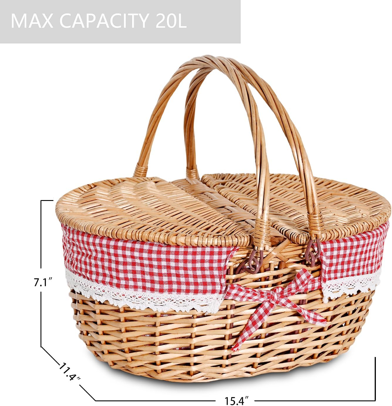 Wicker Picnic Basket with Removable Liner Empty Picnic Baskets with Lid for 2, Picnic Hamper with Foldable Handles for Picnic 2,Checkered image number 5