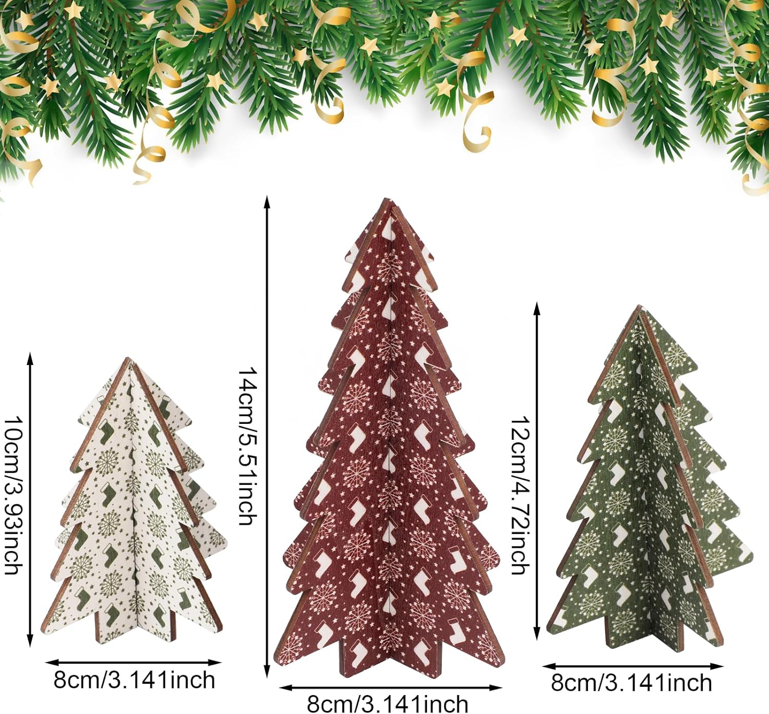 3Pcs Christmas Tree Table Decor, 3D Christmas Tree Tabletop Decorations Christmas Tree Centerpiece Wooden Signs Elk & Snowflakes Christmas Tree for Xmas Home Shelf Party Favors (3 Styles) image number 5
