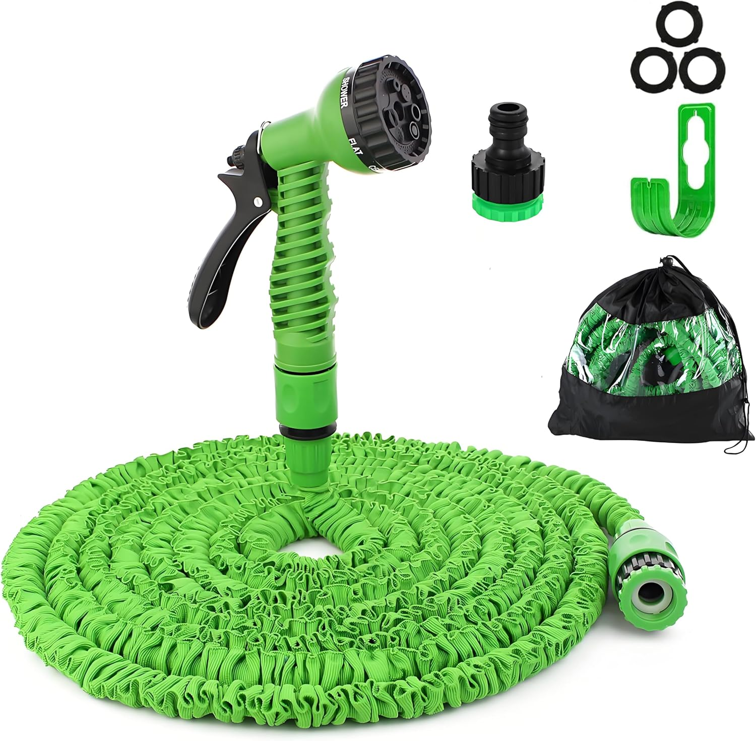 Flexible Garden Hose, Flexible Hose, Extendable 8 Spray Functions, Quick Adapter and Wall Mounted Car Wash and Pet Bathing (Green, 22.5 M)