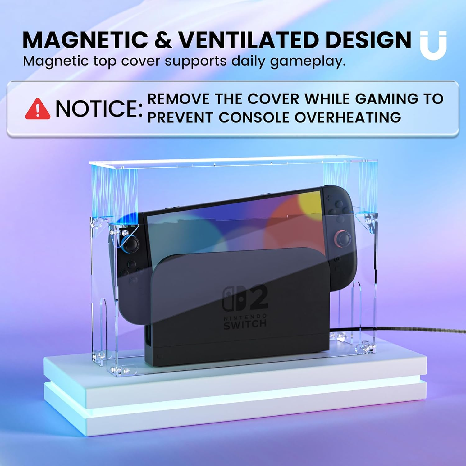 Playvital Clear Acrylic Dustproof Cover for Nintendo Switch 2 | Magnetic Ventilation Top, Tool-Free Installation, Transparent Display Box for Switch 2 Dock Mode - Transparent - Clear Blue image number 5