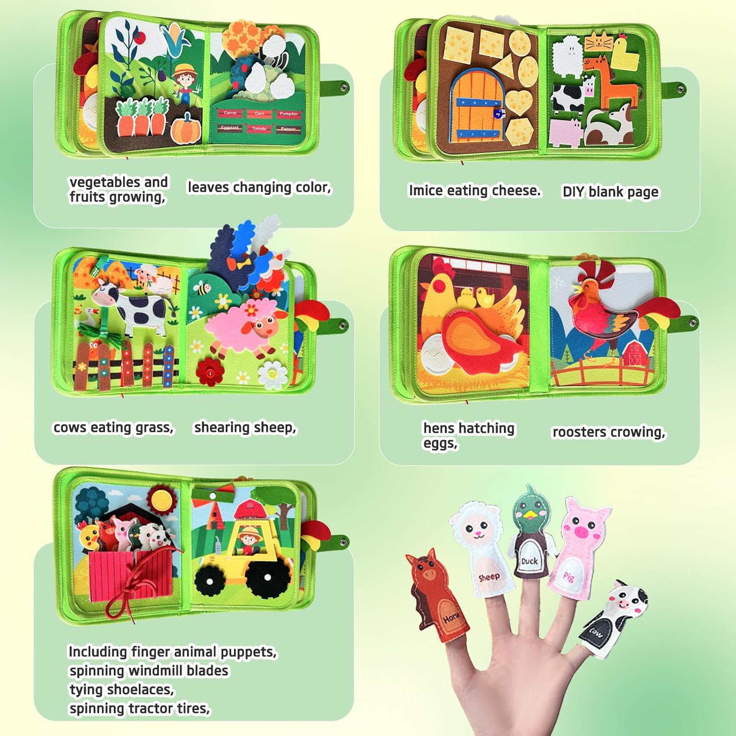 Toddler Busy Book, Farm Animal Theme Quiet Busy Books with Cognition, Sorting, Matching Function, Soft Felt Material, Montessori Busy Book for 3+ Years Old Boys Girls (Green) image number 1