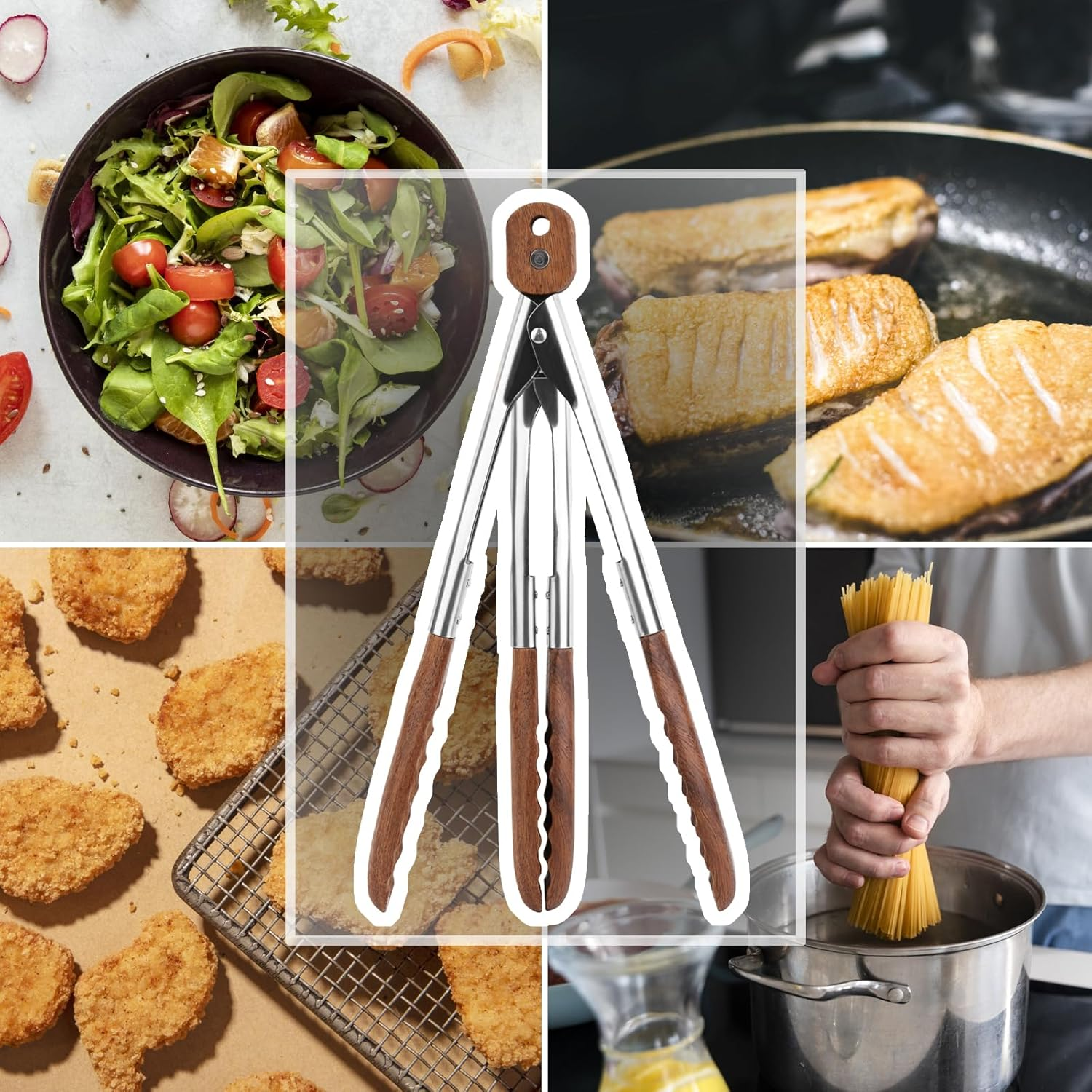 Kitchen Tongs Set - 9" & 12" Anti-Slip Long Wooden Cooking Tongs for BBQ, Grilling, Salad Tossing & Serving - Heat Resistant, Non-Stick Stainless Steel Handles with Hanging Hole image number 2