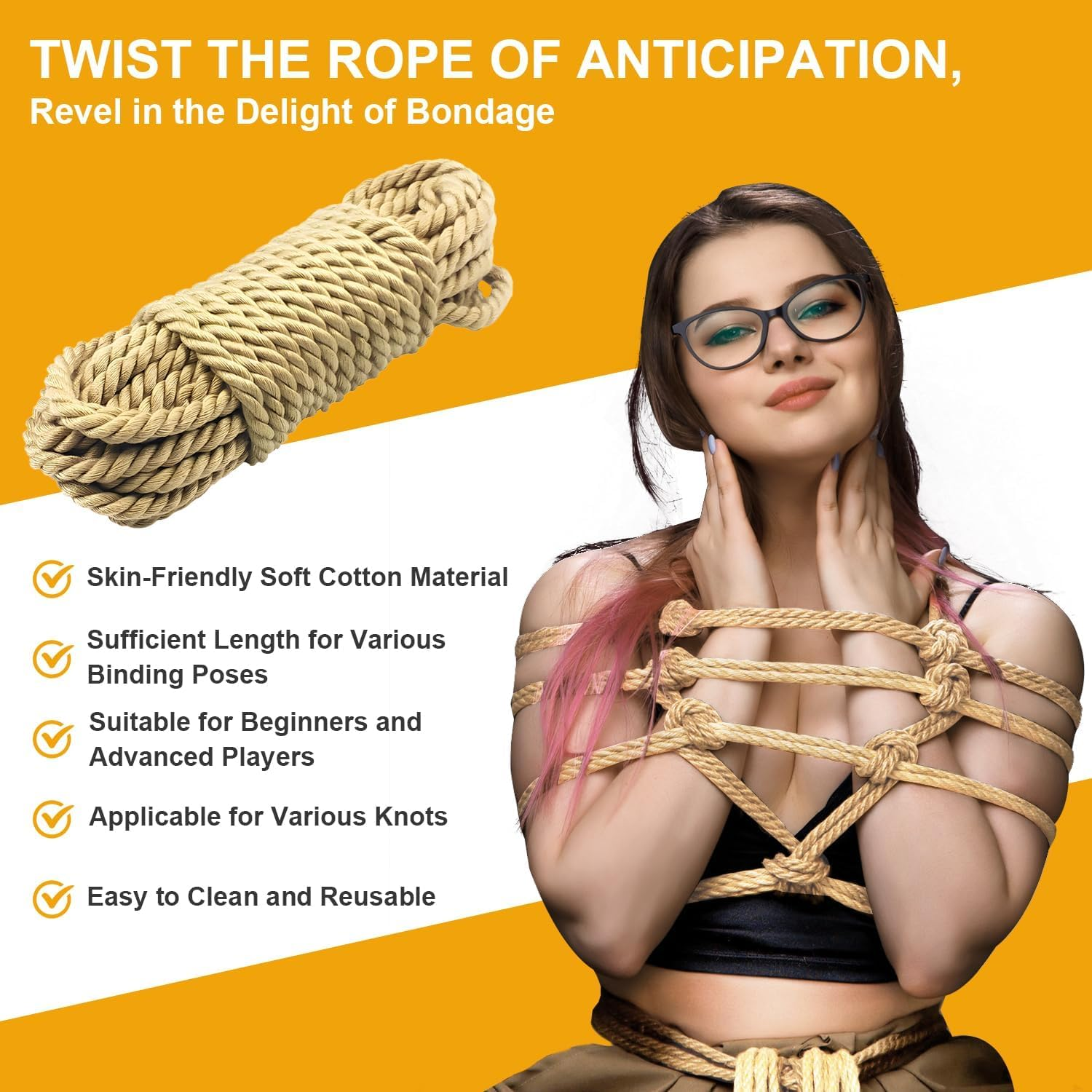 Cotton BDSM Bondage Rope Restraint Kit for Sex, 3 Pack 49 Feet Soft Shibari Rope Kit for Beginner, Bondage Restraint Adult Sex Toys BDSM Toys for Women, Men and Couples (8MM Yellow) image number 1