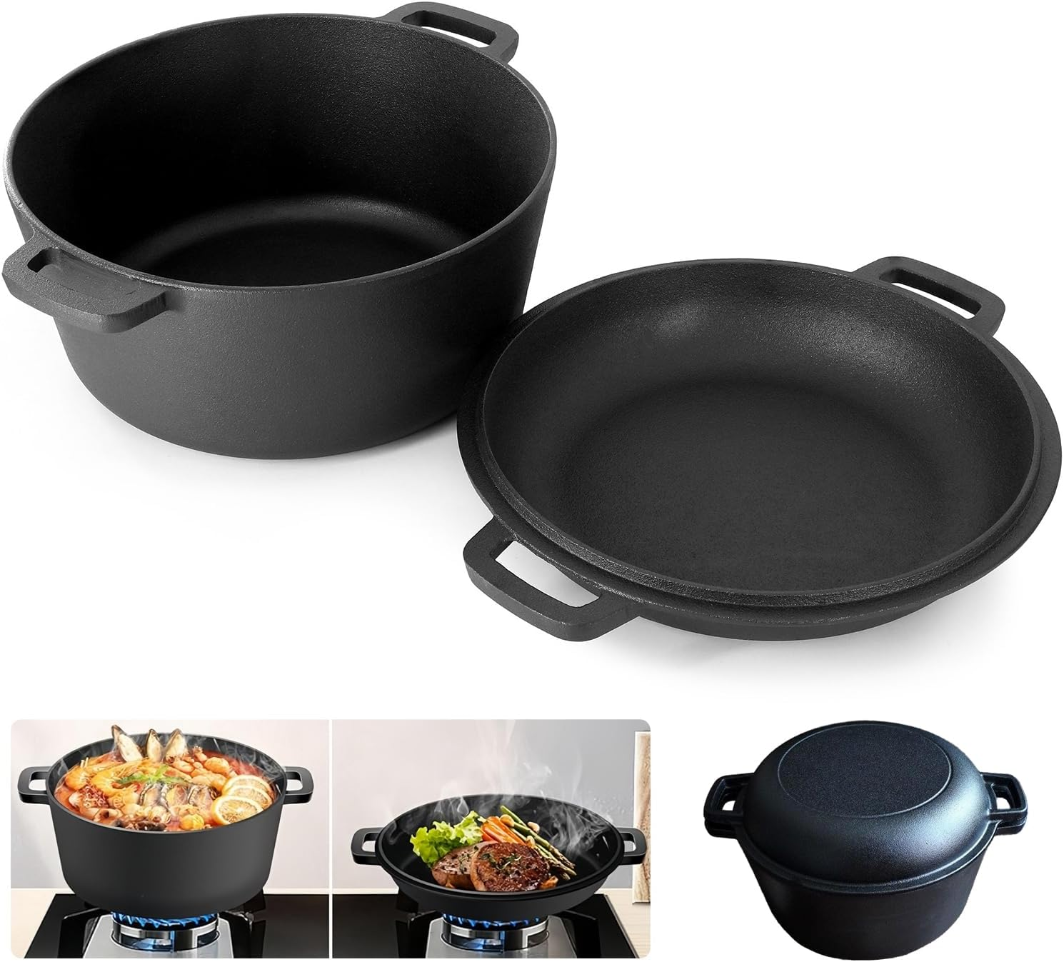 Cast Iron 2-In-1 Skillet and Dutch Oven Lid Combo - 26Cm Fry Pan Converts to 4.6L Pot Lid, Space Saving Design, Oven & All Stovetops Safe, Family Size image number 3