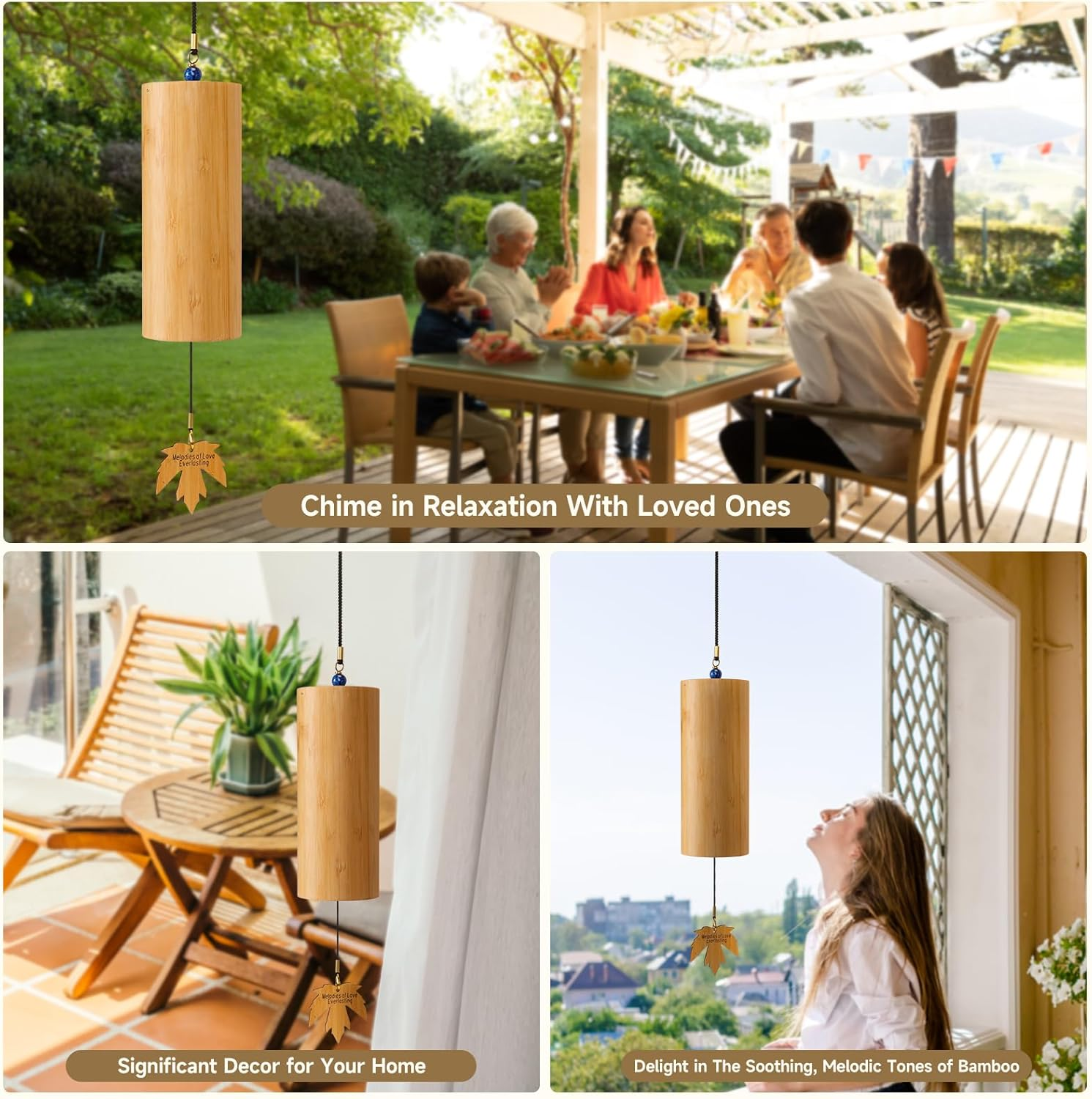 Ocarinawind Outdoor Bamboo Wind Chimes, Small Wooden Handcrafted Chimes with Calming Deep Tones & Natural Beautiful (C Major) Sound, Home Decor Gift Idea, Christmas Gift Idea