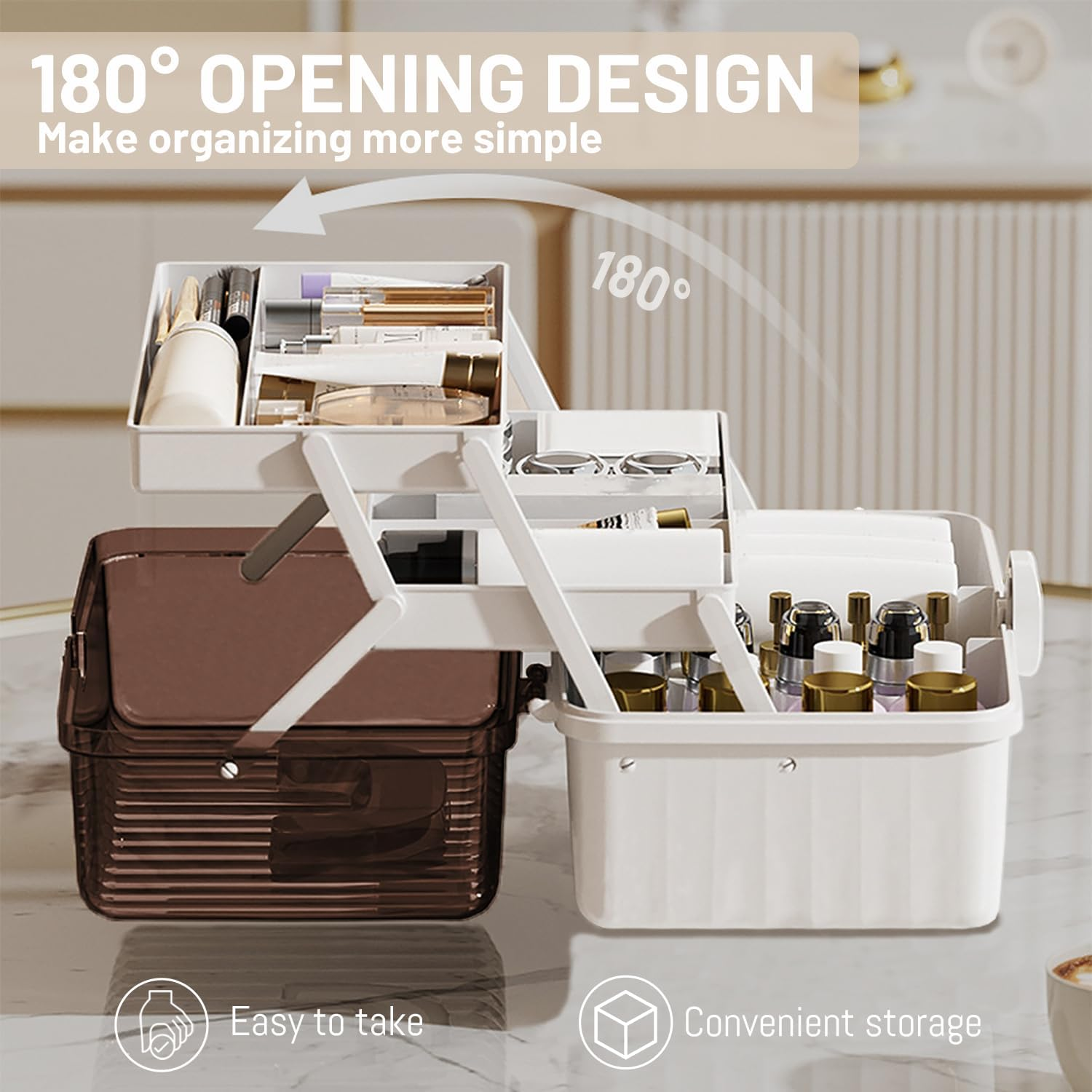 VNIMTI Makeup Display Case, 3 Layer Cosmetics Organizer, Large Makeup Vanity Organizer Storage Box, Jewelry & Skincare Organizers for Bedroom, Countertop, Foldable, White image number 2