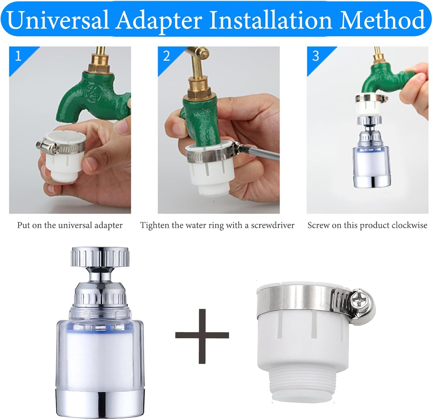 Faucet Water Filter 360&deg; Rotating Sink Water Filter, Kitchen Sink Filtration,Bathroom Faucet Filter,Removes Chlorine Fluoride Heavy Metals for Home, Bathroom, with Universal Adapter + 2 Cartridges image number 2