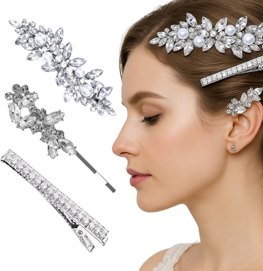 JYNVO 3Pcs Flower Wedding Hair Comb Silver Pearl Headpiece Bridal Hair Accessories for Women and Girls image number 2
