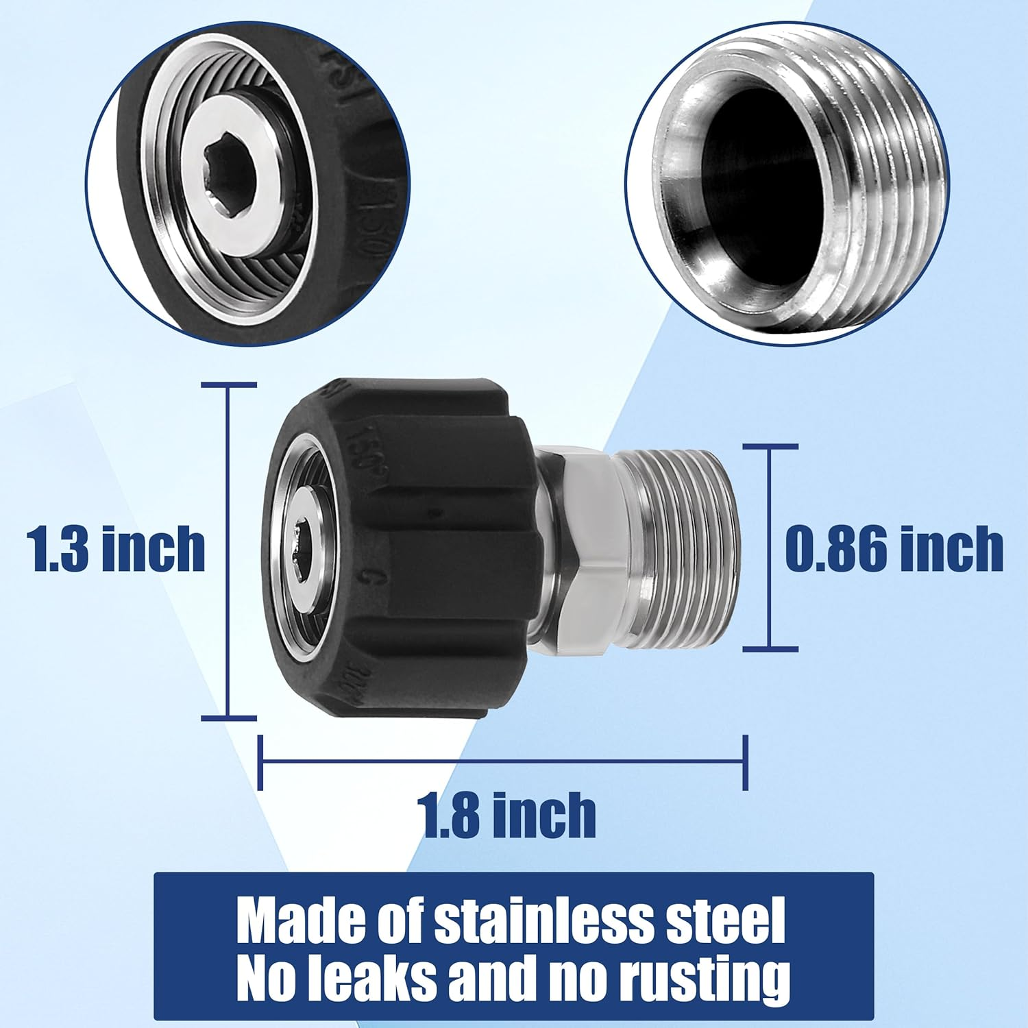 M Mingle Pressure Washer Adapter, Metric M22 15Mm Female Thread to M22 14Mm Male Fitting, Stainless Steel, 4500 PSI image number 4