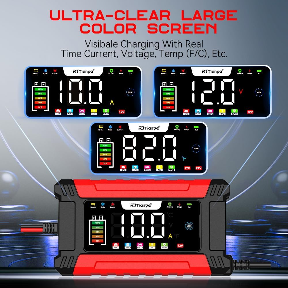 AILRINNI 10-Amp Car Battery Charger, 12V Smart Car Battery Charger AU Plug,Trickle Charger for Car - Smart Fully-Automatic Battery Maintainer with Temperature Compensation and LCD Display image number 6