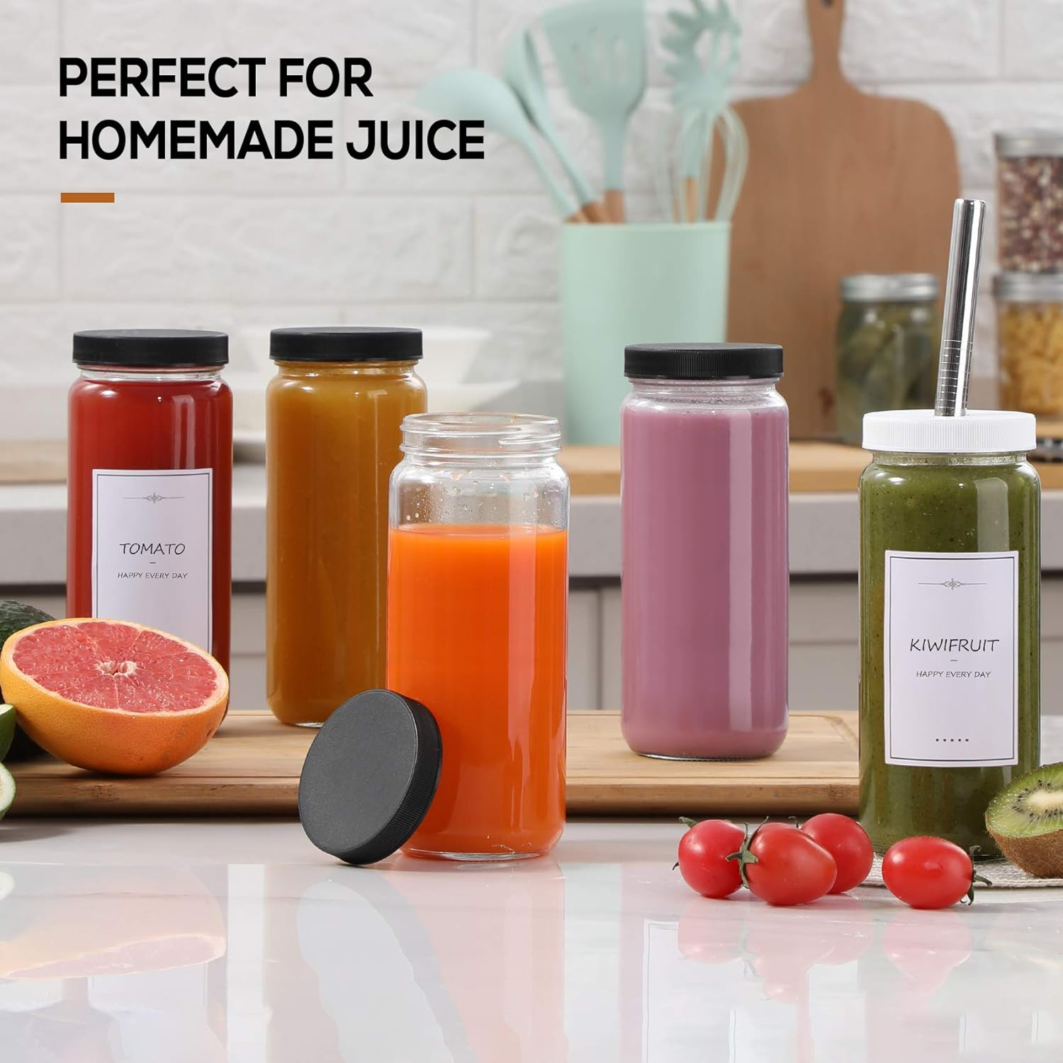 [ 8 Pack ] Glass Juicing Bottles with 2 Straws & 2 Lids W Hole- 16 OZ Travel Drinking Jars, Water Cups with Black Airtight Lids, Reusable Tall Mason Jar for Juice, Boba, Smoothie, Tea, Kombucha image number 5