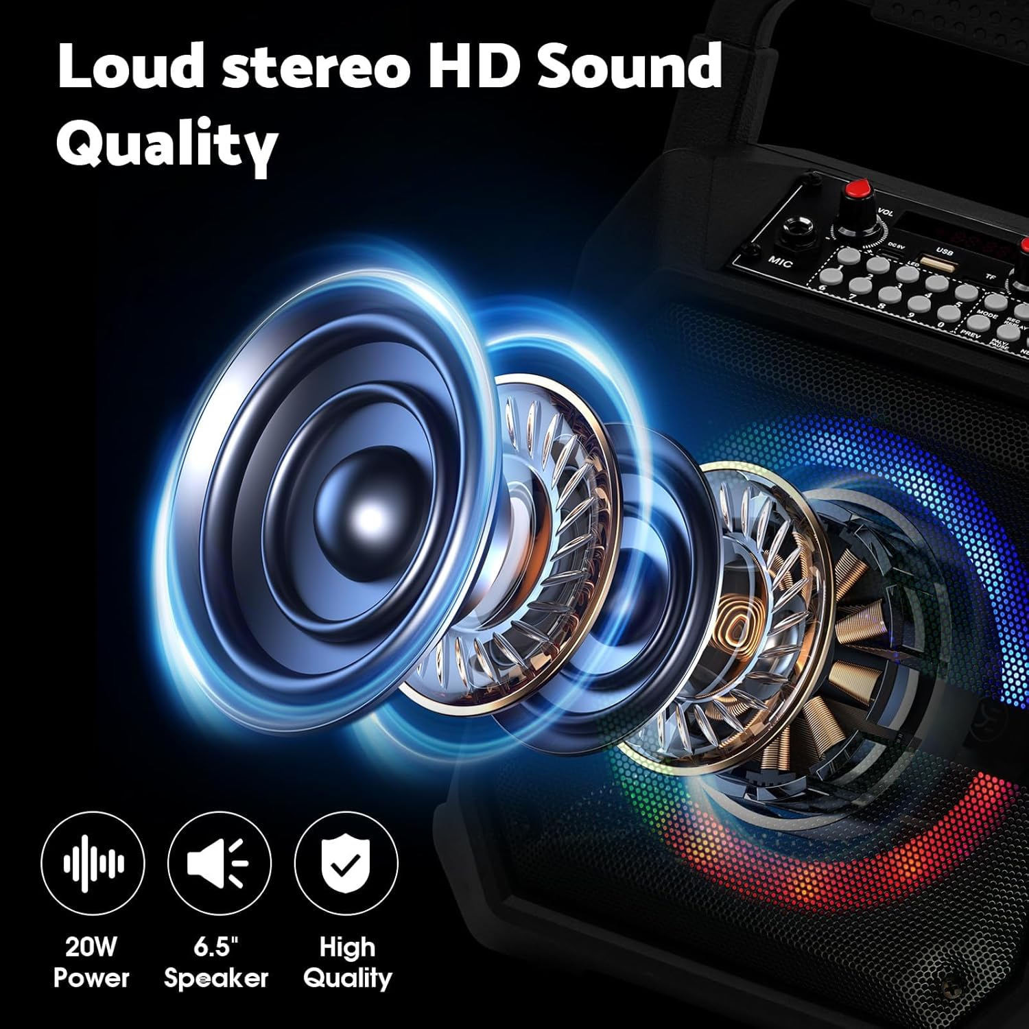 Portable Karaoke Machine with 2 Wireless Mics,Bluetooth Speaker & TWS Mode, W/6.5" Subwoofer,Ai Voice Changer, PA System for Home/Party/Outdoor, AUX/USB/TF Card/Fm & Live Recording, 8H Playtime image number 4