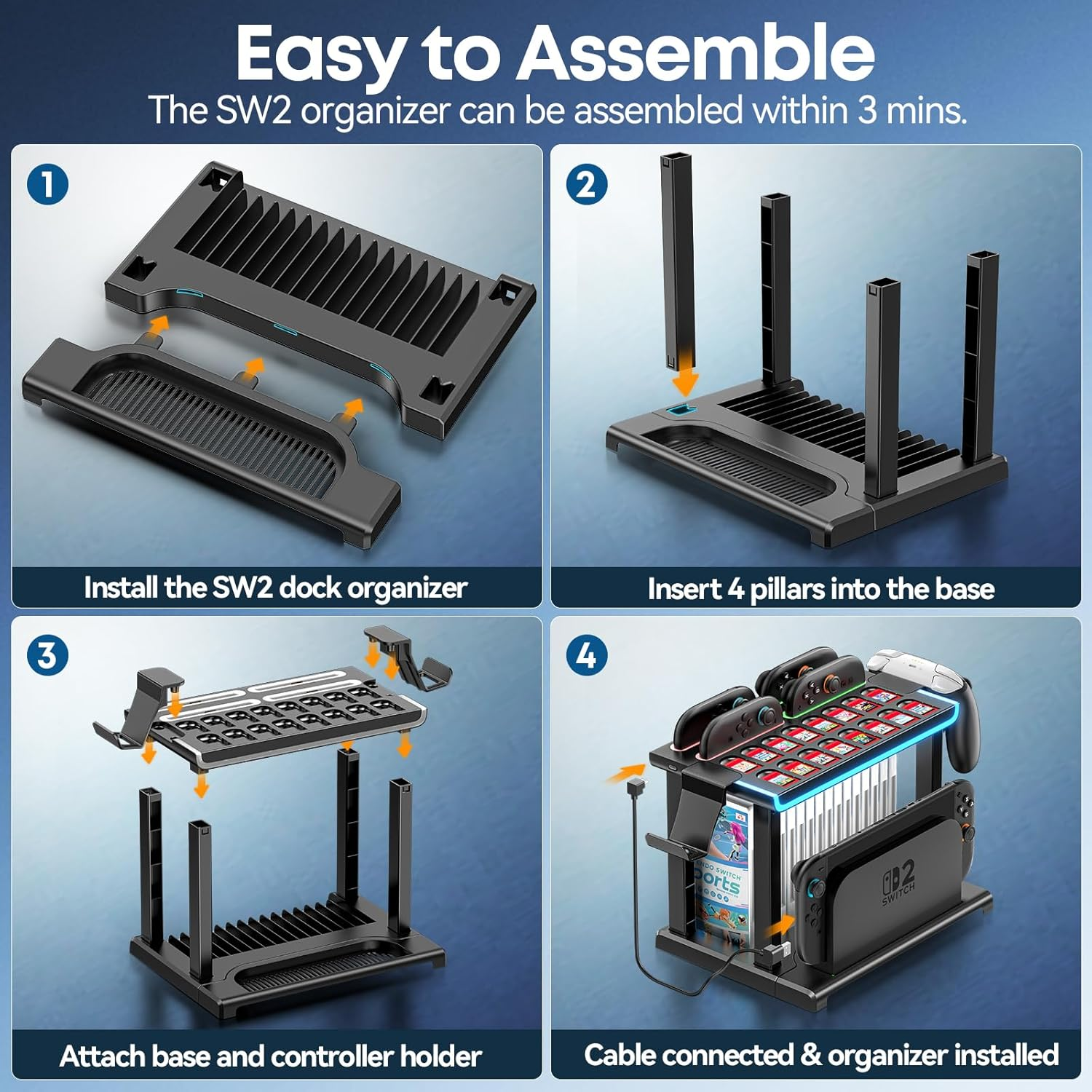 Switch 2 Organizer Station with Switch 2 Joycon Charger, 4 Charging Dock for Joycon 2, Storage Stand for 16 Switch Game Cards & 16 Game Cases, Pro Controllers & NS 2 TV Dock Organiser Accessories image number 5