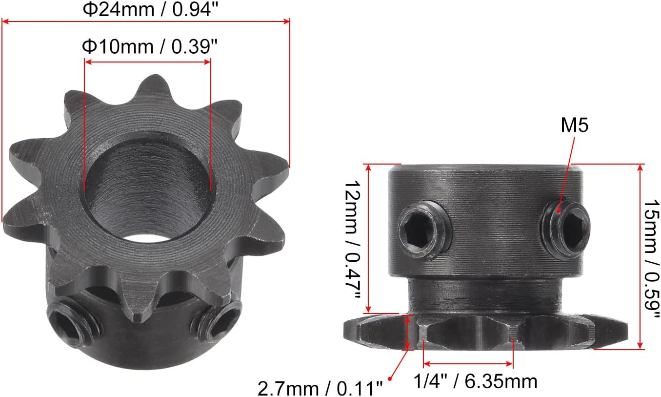 Uxcell 10 Tooth Roller Sprocket B Type, 25 Chain, Single Strand 1/4" Pitch, 10Mm Bore Black Oxide C45 Carbon Steel with Set Screws for ISO 04C image number 4