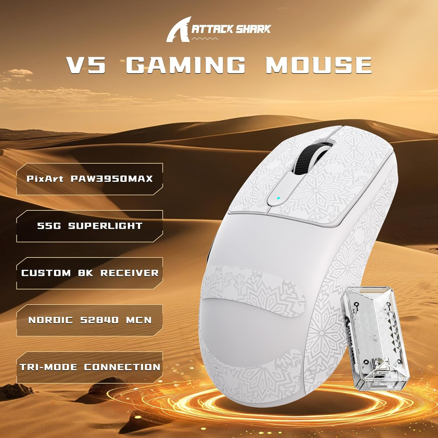 ATTACK SHARK V5 Wireless Gaming Mouse 55G Ultra-Lightweight PAW3950MAX 42K DPI Sensor 8000Hz Polling Rate Tri-Mode-Bluetooth/2.4Ghz/Wired Mice with Coiled Cable for Large Hand-White&Tape - White image number 2
