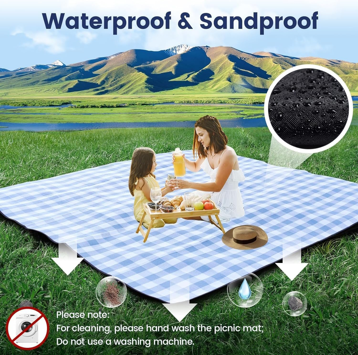Picnic Blanket Extra Large, Waterproof and Foldable Beach Blanket, 3-Layer Outdoor Blanket for 6 to 8 Adults, for Camping, Park, Beach, Grass, Indoors (White & Blue Grids, 200&times;300Cm) image number 6
