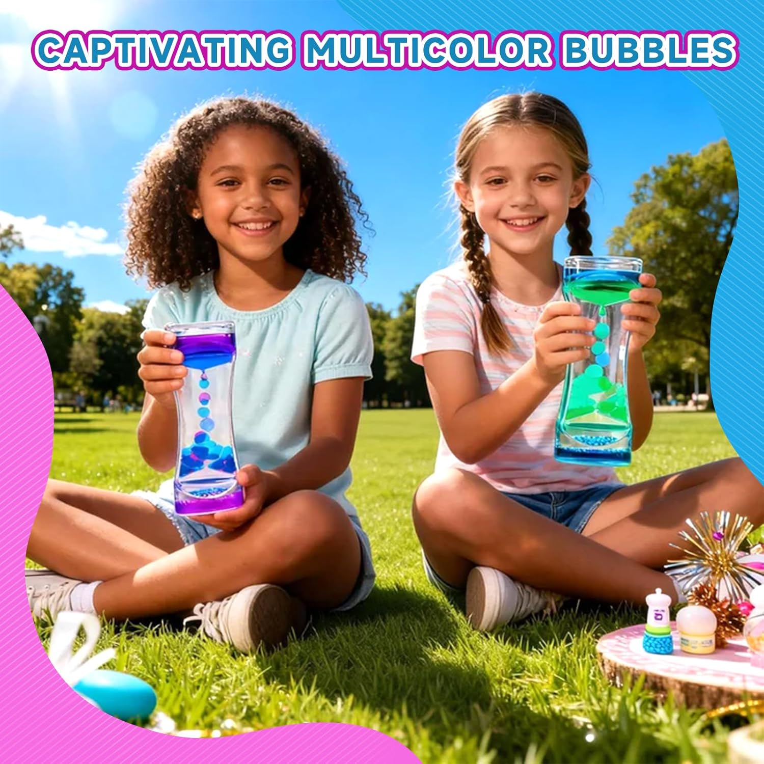 YUE ACTION Liquid Motion Bubbler Timer for Sensory Toys,Children Activity, Calm Relaxing Desk Toys, Anxiety Toys, Autism Toys, ADHD Toys, Assorted Colors, Pack of 3 (Style#3) - Blue/Pink image number 3