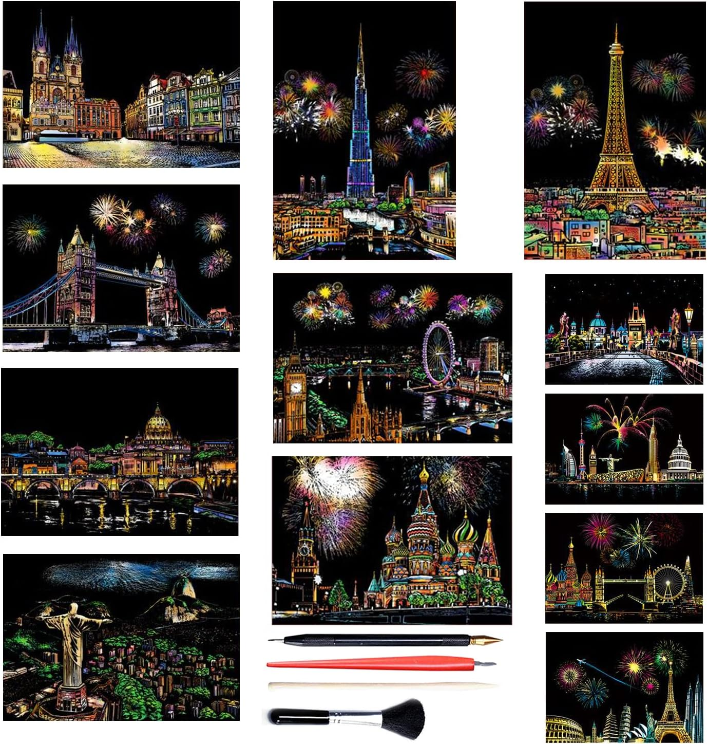 Georgie Porgy Scratch Picture Set DIY Craft Sets for Children Magic Rainbow Scratch Paper A4 Postcards for Christmas Birthday Gift with Scratch Tools Kit (Europe + Road Corner)