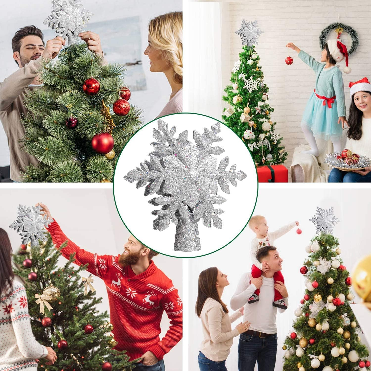 Christmas Tree Topper Lighted with Snowflake Projector, LED Rotating Snowflake Glitter Lighted Snow Tree Topper for Christmas Tree Decoration Home Office New Year Holiday Party Decor (Silver) image number 4