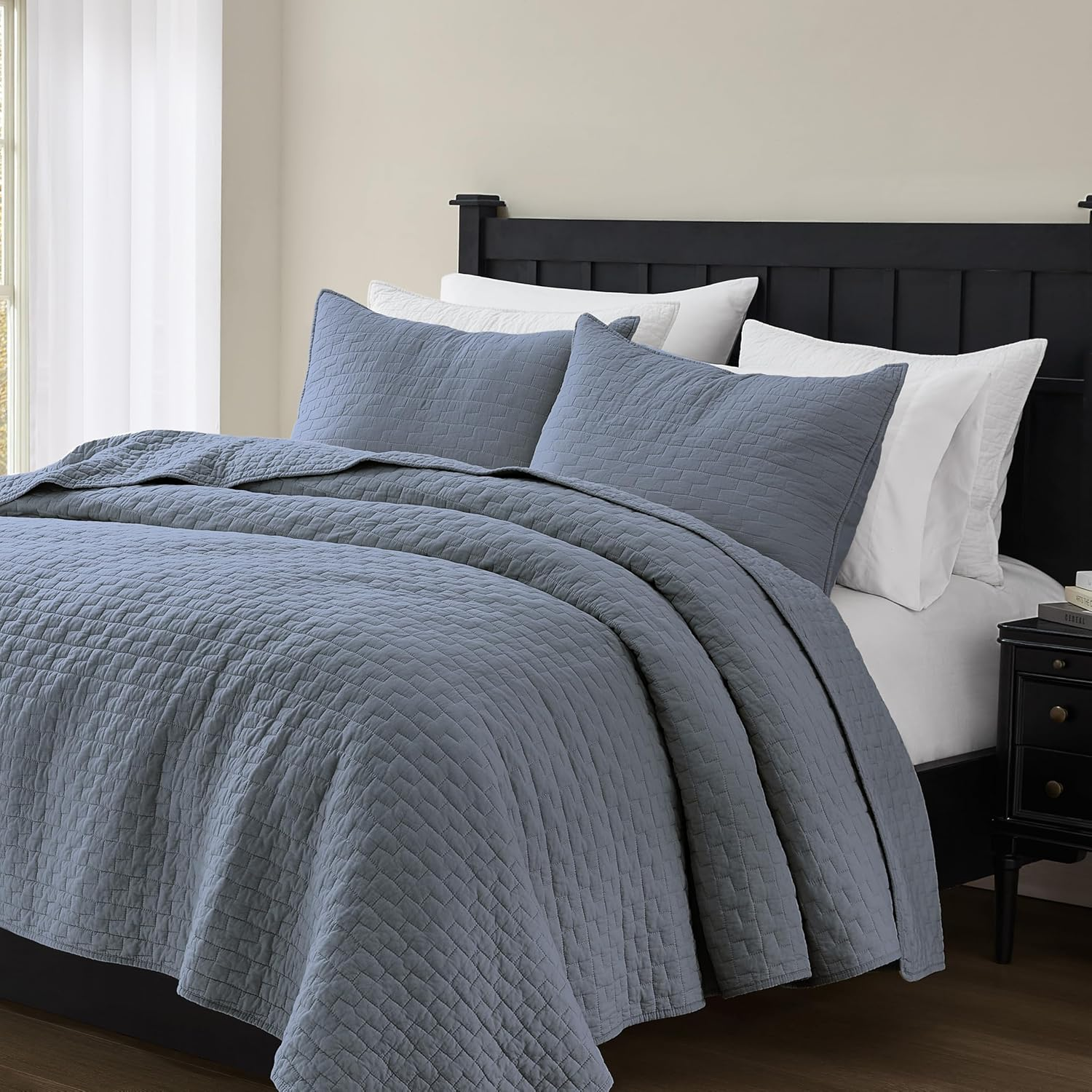 Palassio Blue Grey 100% Cotton Quilt California Cal King Size Bedding Sets with 2 Pillow Shams, Oversized Lightweight Bedspread Shabby Chic Coverlet, Soft Bed Cover for All Season, 3 Pieces