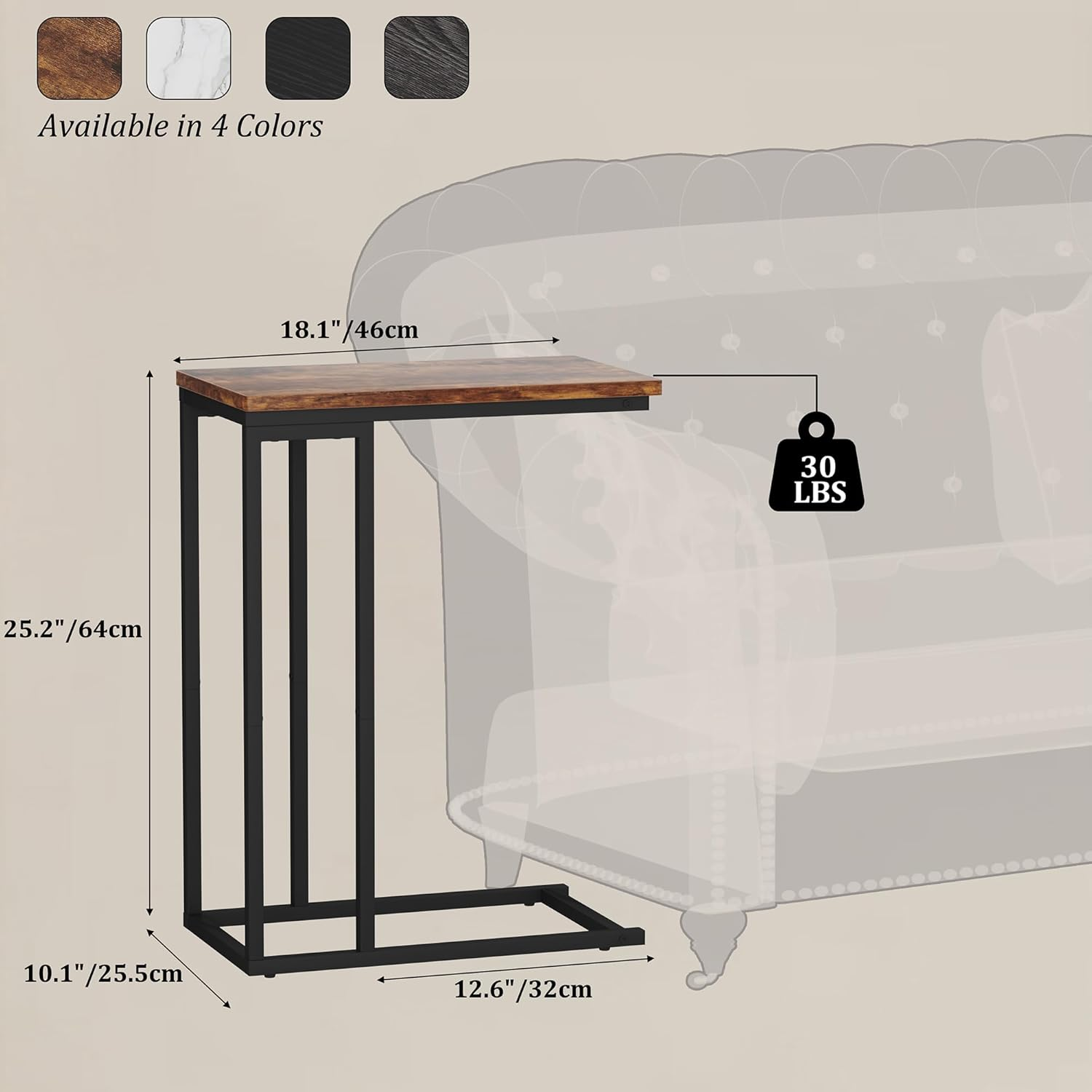 HOMEFORT Narrow C Shaped End Table - Space-Saving Side Table for Living Room, Bedroom, Sofa Small Spaces, Rustic Brown image number 3