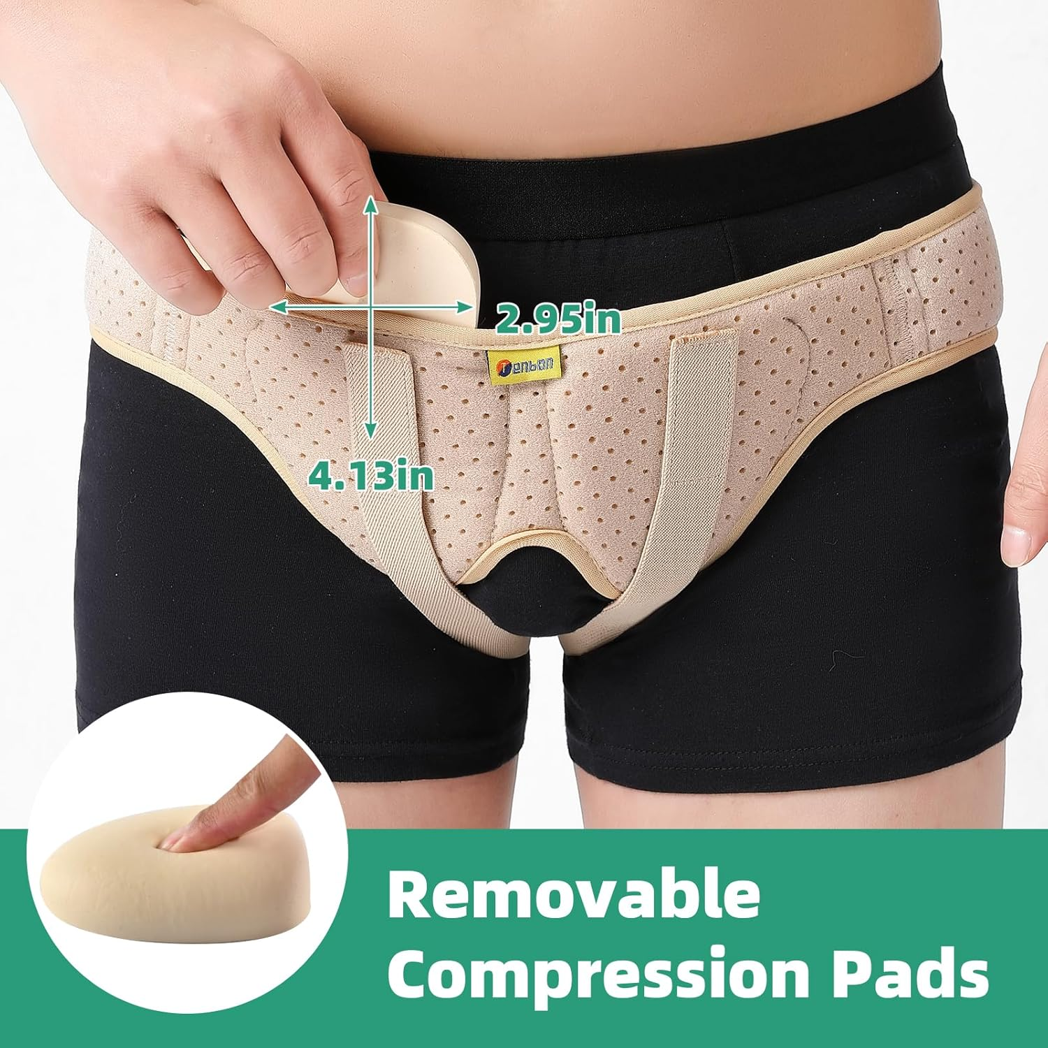 Tenbon Hernia Belt Truss for Single/Double Inguinal or Sports Hernia, Hernia Support Brace for Men for Women Pain Relief Recovery Strap with 2 Removable Compression Pads Comfortable Material,, Beige (XL) image number 6