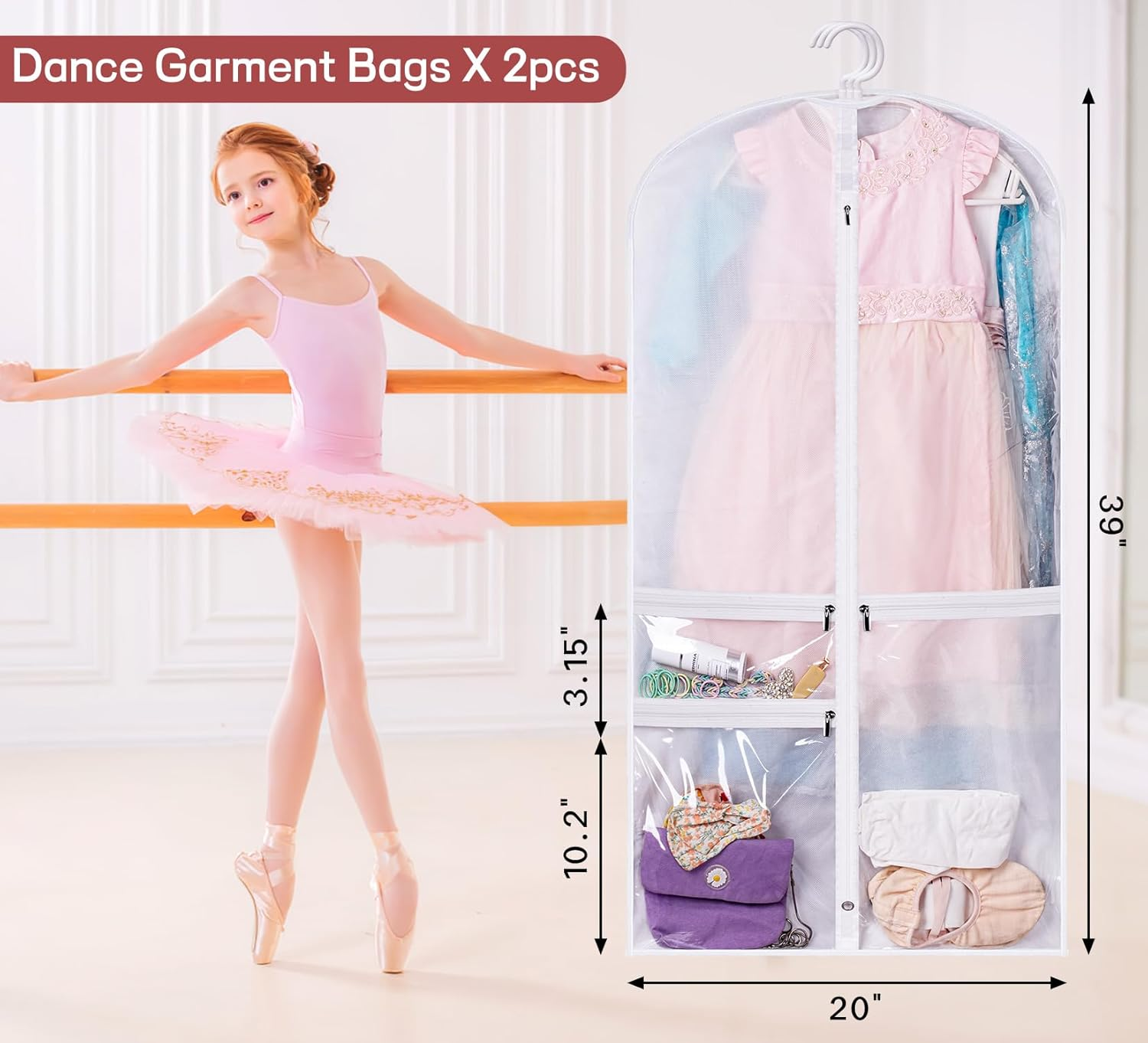 Kimbora Costume Dance Garment Bag with 3 Clear Zipper Pockets for Suits Dress Cover, Travel & Competitions Protector, Set of 2 - Purple image number 6