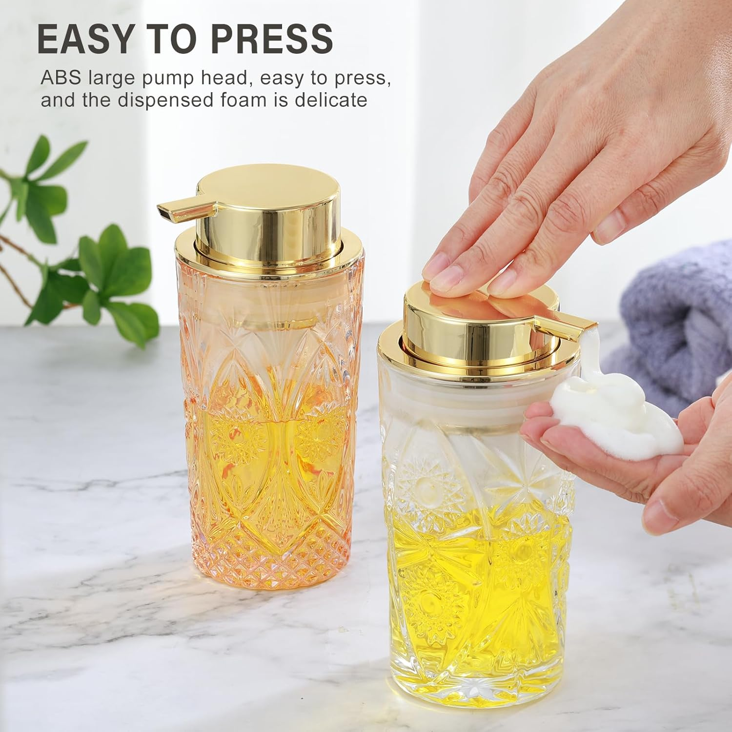 LEICURACE Glass Foaming Hand Soap Dispenser Foaming Soap Dispenser for Bathroom Clear Soap Dispenser with Pump (Amber Sun Patteren) - Foam Type/Gold/U Pattern image number 5