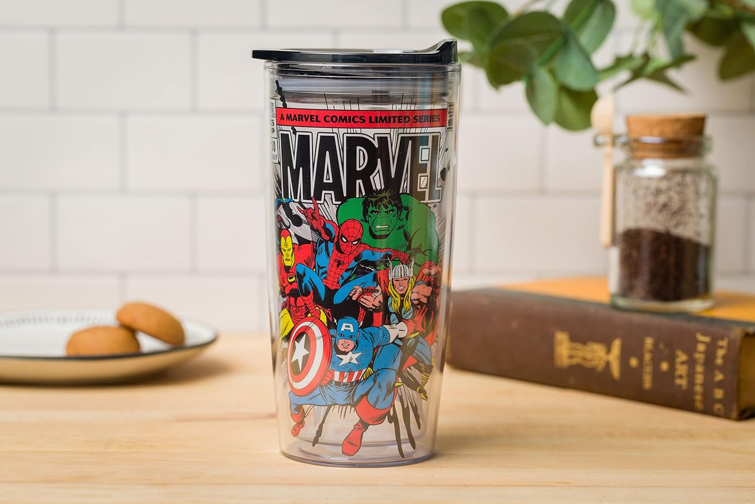 Silver Buffalo Retro Marvel Comics Avengers Double Wall Travel Tumbler with Slide Close Lid Spider-Man, Captain America, Thor, Hulk, and Iron Man, 20 Ounces - Care Bears And Strawberry Shortcake Iridescent image number 7