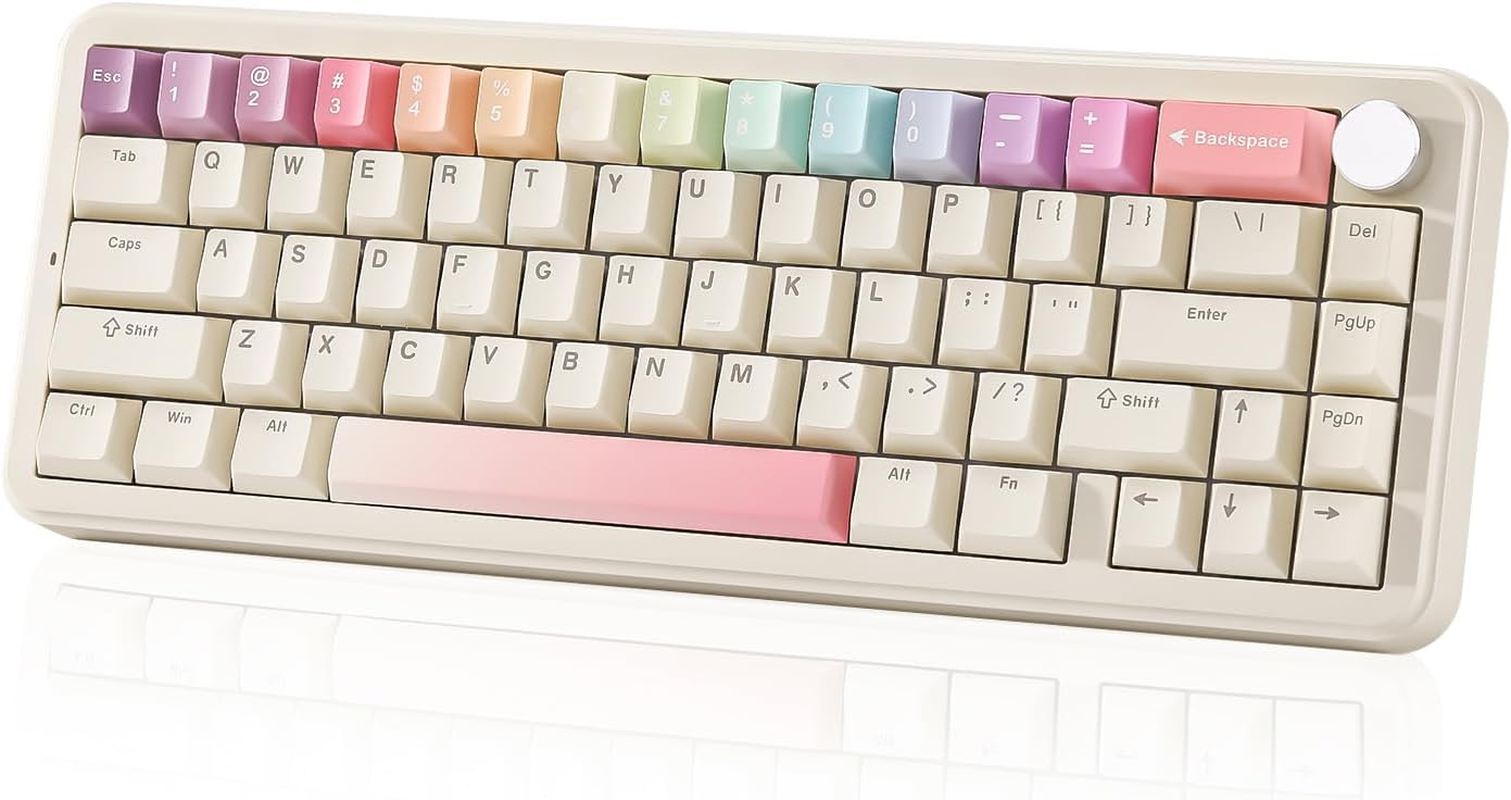 YUNZII B68 Wireless Cute Keyboard, Gasket Gaming Hot Swappable Creamy Keyboard with Knob, RGB, Bluetooth/2.4G/Type-C, Double Shot Rainbow Keycaps for Win/Mac (Black, Cocoa Cream V2 Switch)
