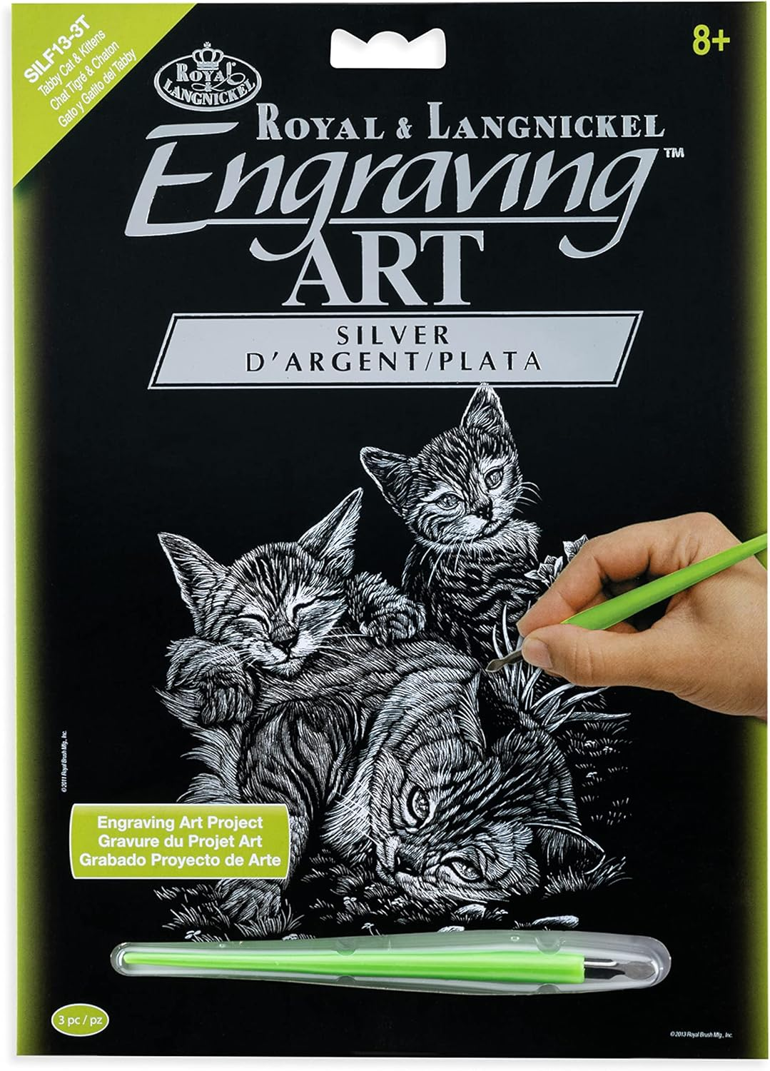 Royal & Langnickel Silver Engraving Art A4 Size Tabby Cat and Kittens Designed Painting Set image number 1