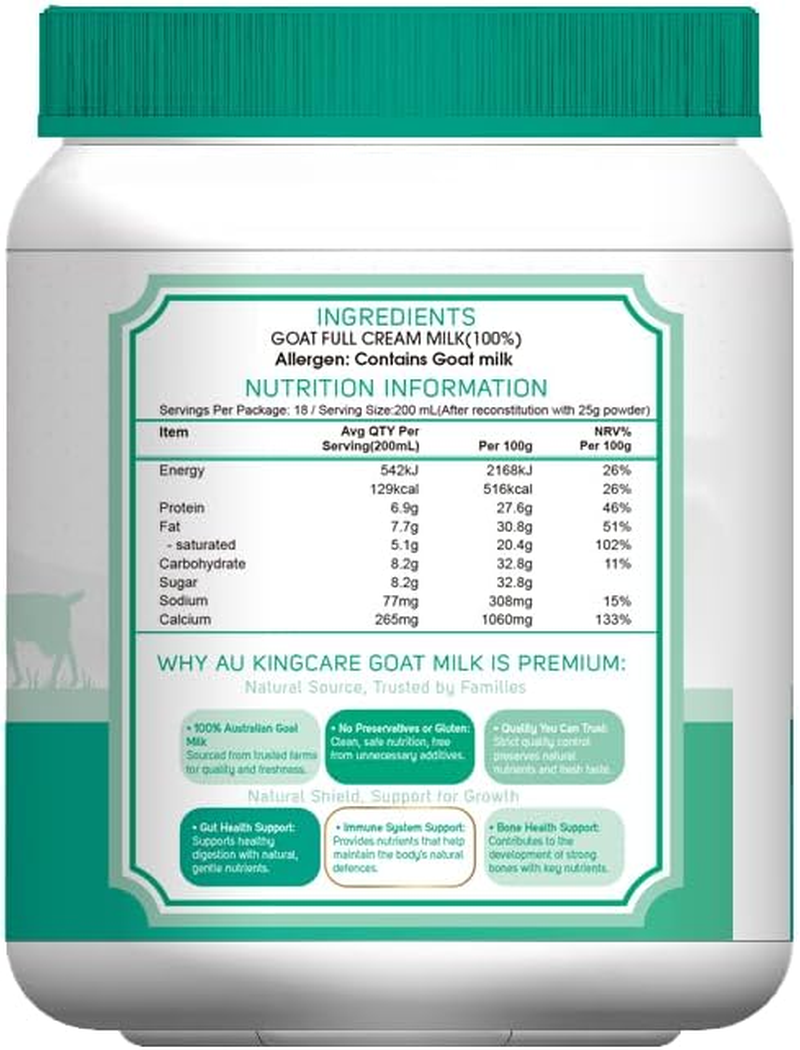 Au Kingcare Goat Milk Powder 450G​ &ndash; 100% Pure Full Cream, A2 Protein, Gentle & Easy to Digest, Supports Gut Health, Immune Strength & Bone Health image number 1