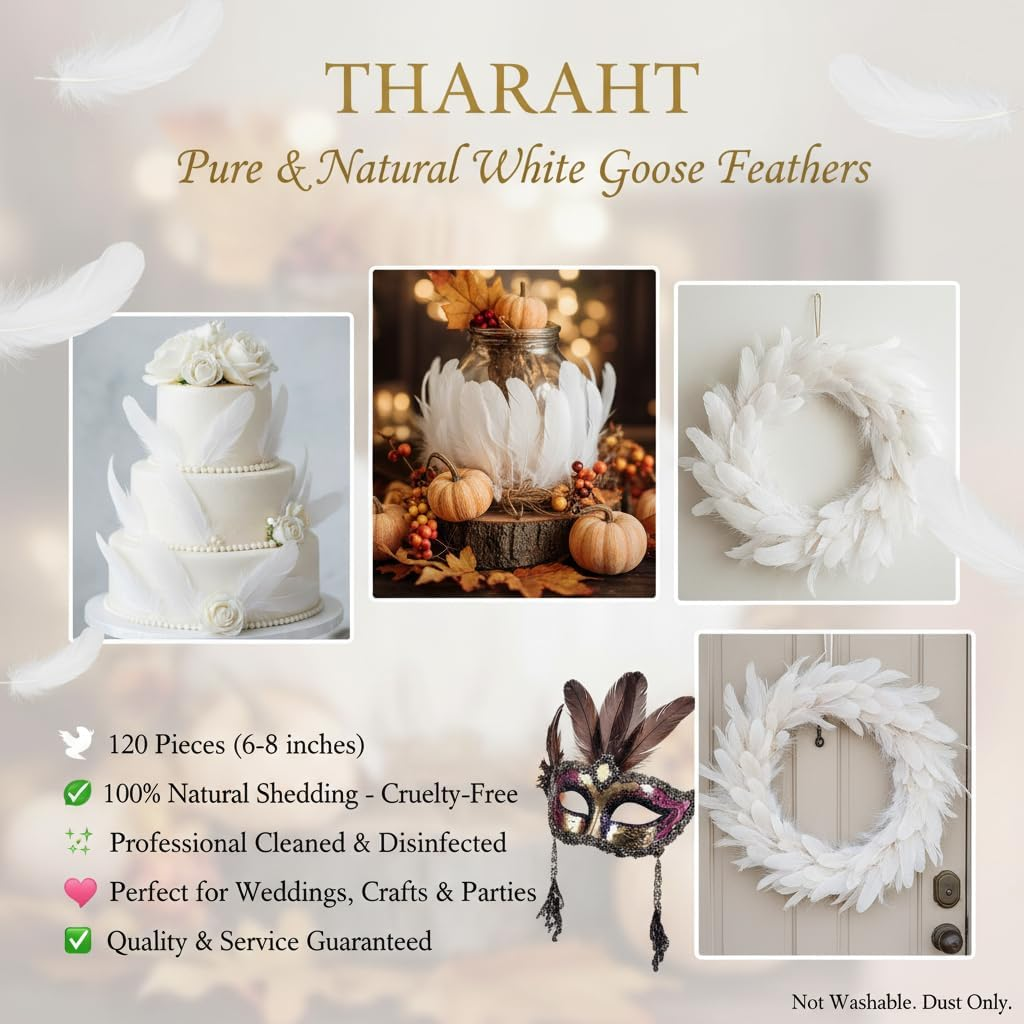 120Pcs Natural White Goose Feathers 6-8 Inch for Crafts, Wedding Decorations, DIY Projects, Dream Catcher, Party & Home Decor （White）- CRFY - Black image number 4