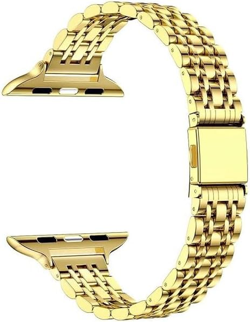 Maktech Stainless Steel Wristband,Women Slim Seven-Pieces Links 14Mm Metal Bracelet Band for Apple Watch Series 11/10/9/8/7,SE 3/2/1 [2025] (42Mm/41/40Mm,Silver/Gold)